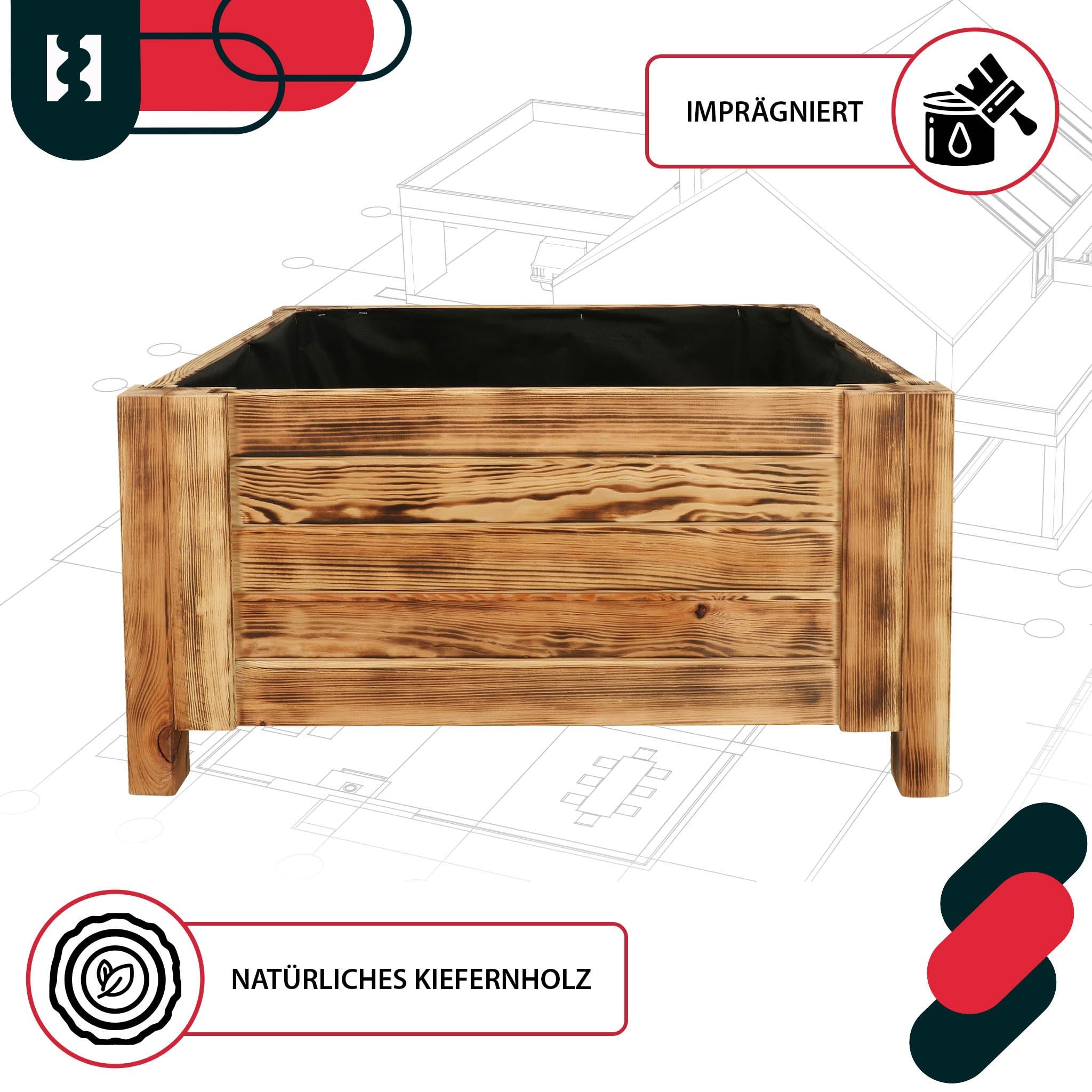 Donica Skrzynka Drewniana na Nóżkach - 60 x 60 x 30 cm - Doniczka Skrzynia z Agrowłókniną - Opalana KOTARBAU - 5