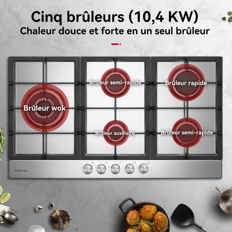 GASLAND Plaque de Cuisson à gaz GH2905SS1FC encastrable 5 Feux, Plaque gaz Inox 90 cm Brûleur Wok - 2