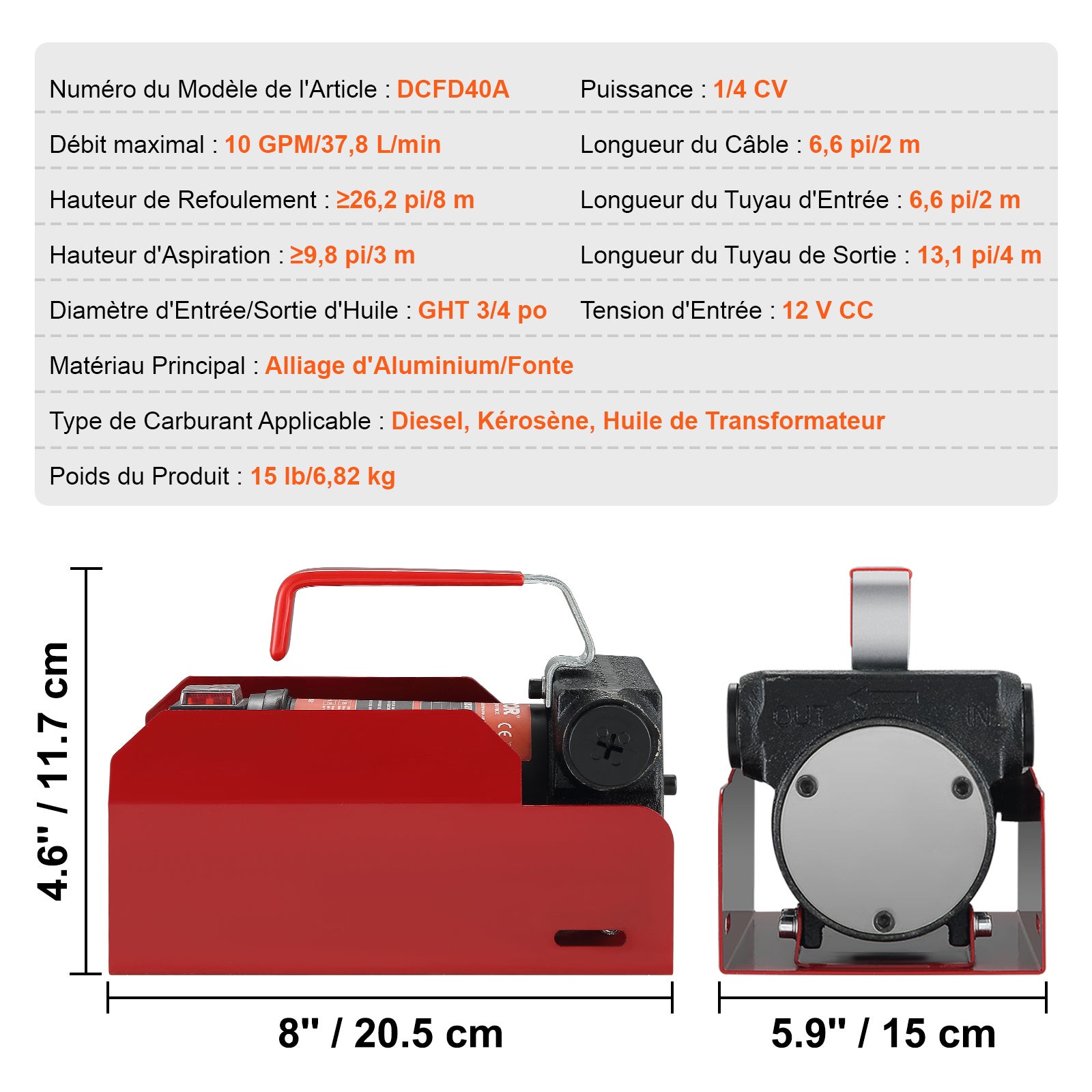 Pompe Transfert Diesel VEVOR 12V 37,8 L/min Pompe Carburant Électrique Buse Auto-Stop Tuyaux Aspiration & Rejet pour Gasoil Huile Kérosène - 7