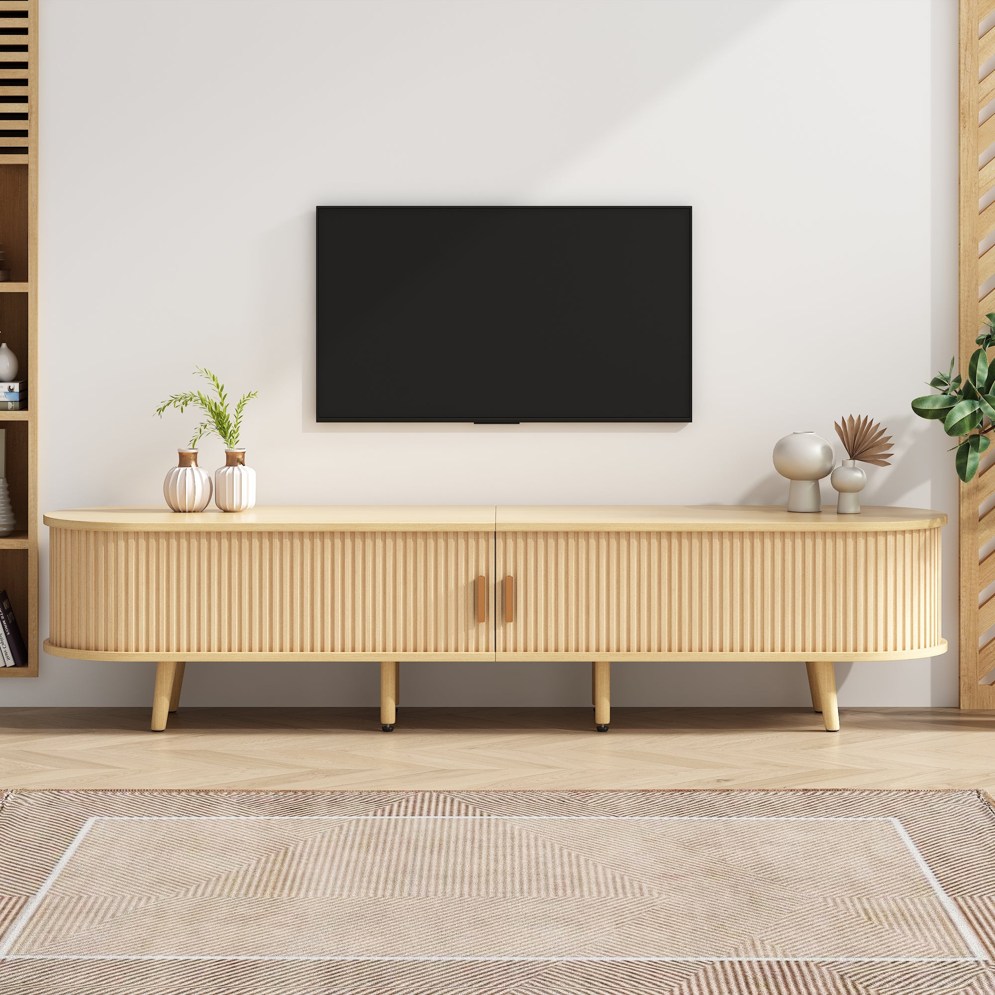 Meuble TV avec 2 portes coulissantes en forme ovale - 175 x 40 x 42cm - Bois MDF - Couleur bois - 2