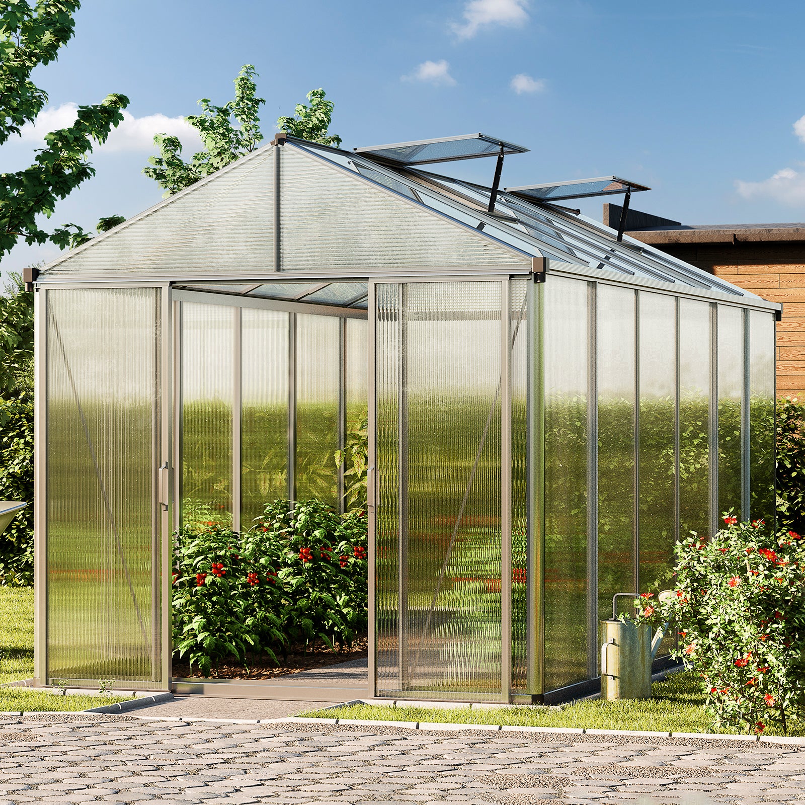 GFP Serre TITAN 24 aluminium 222x437 cm, panneaux double paroi épais 10 mm avec fenêtres supplémentaires, ouvre-fenêtre automatique - 2