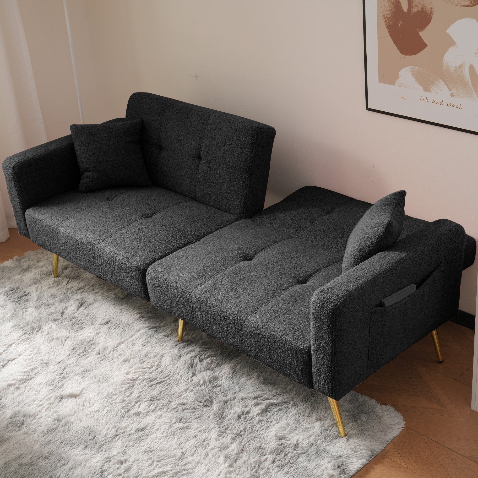 Canapé-lit 175x64x72cm inclinable avec fonction lit et rangements latéraux - Pieds dorés et coussin inclus - gris foncé - 3