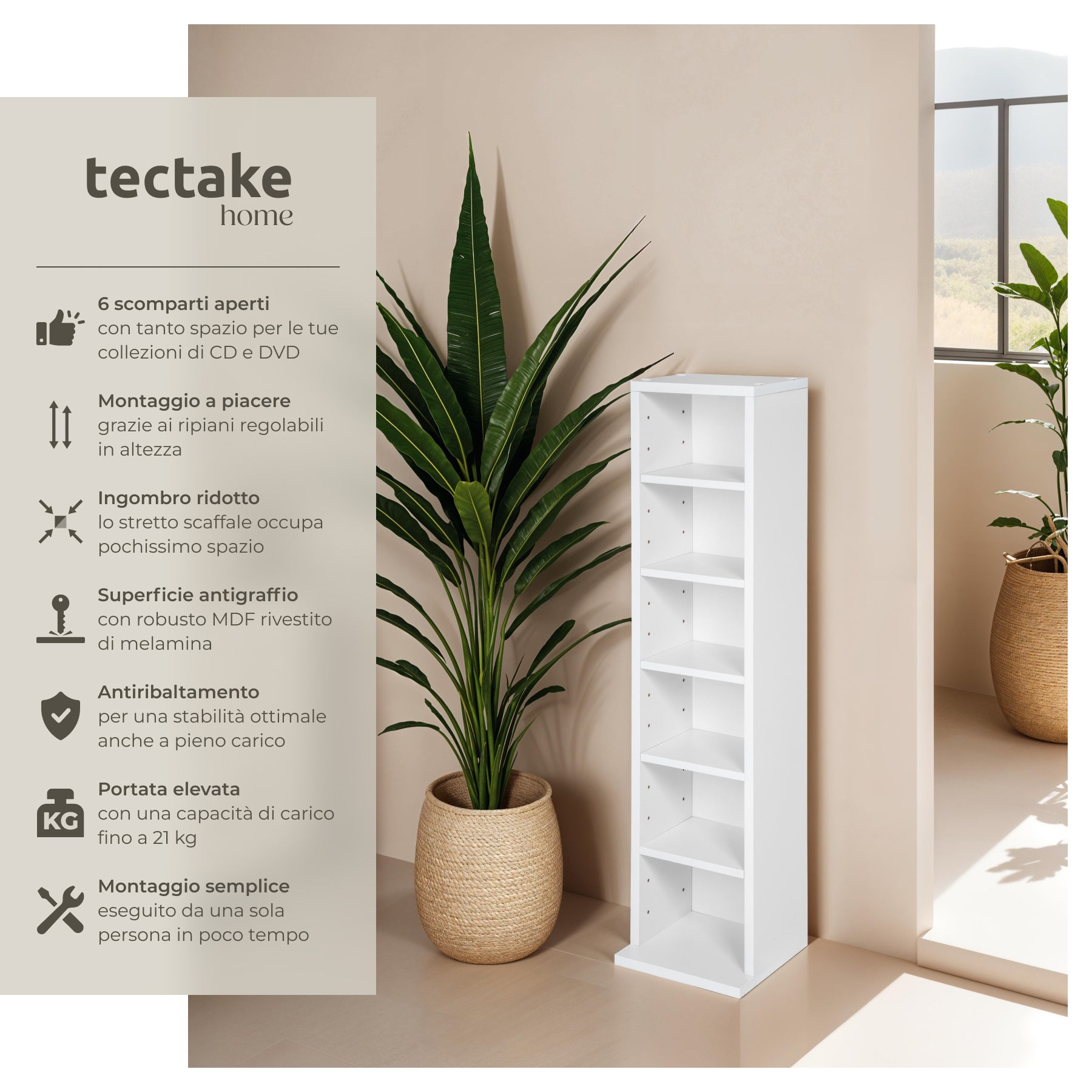 Scaffale in legno MDF per DVD e CD con 6 scomparti 90 x 21 x 20 cm TECTAKE - 2