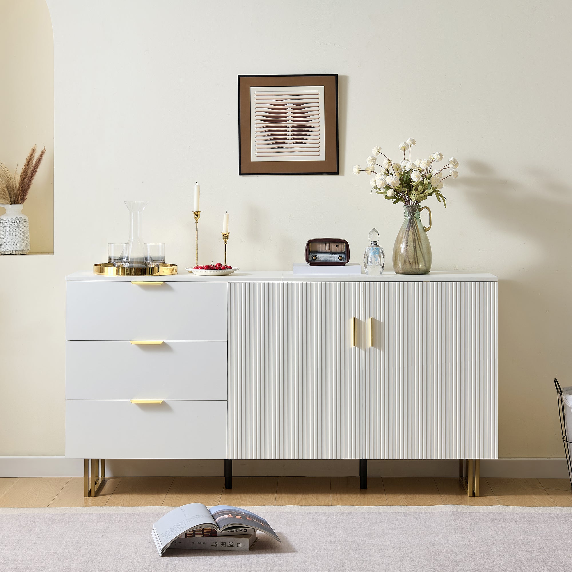Nowoczesna komoda 160x40x81,5 cm - z 2 drzwiami i 3 szufladami - metalowe nogi - płyta MDF - biała