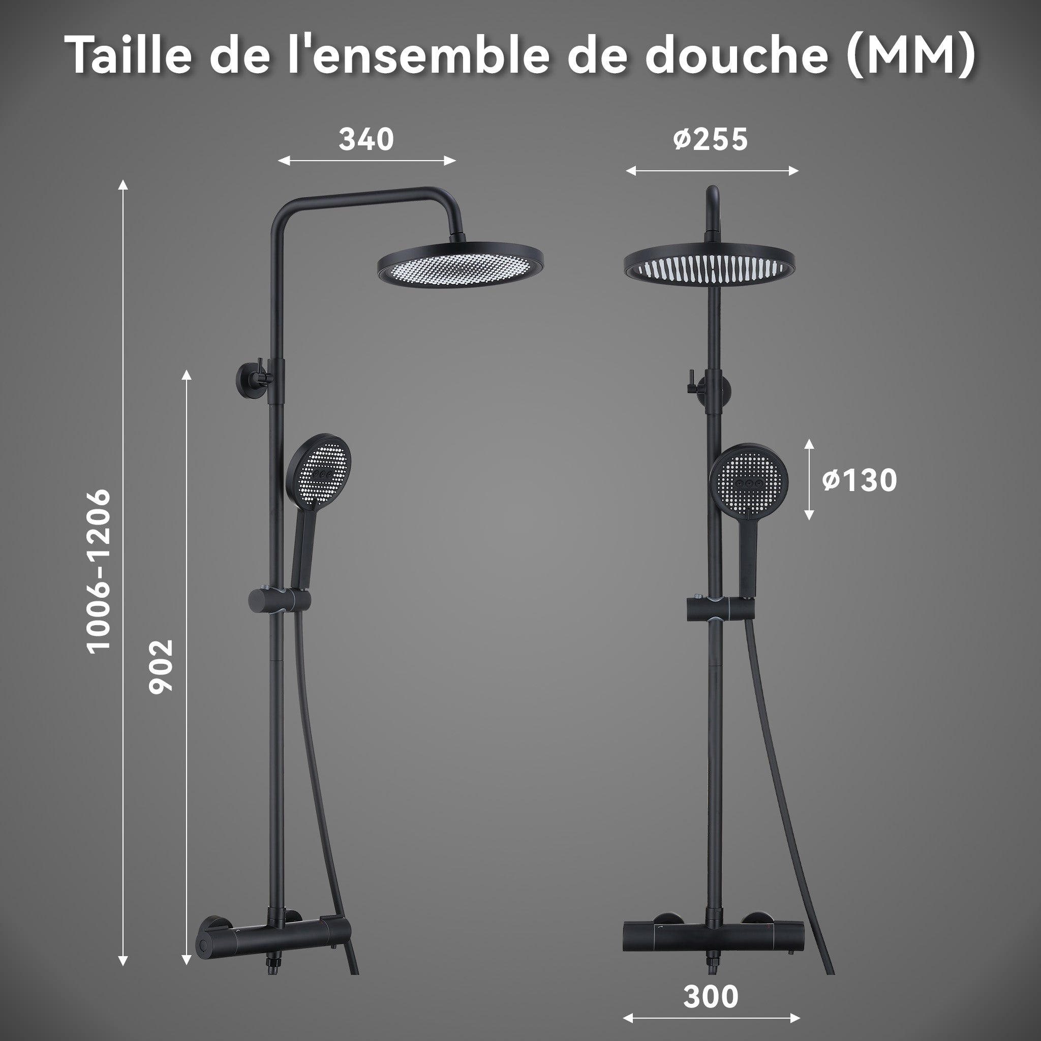 Coluna de chuveiro termostática, conjunto de chuveiro preto com 3 jatos, kit de chuveiro de mão com altura ajustável - 8