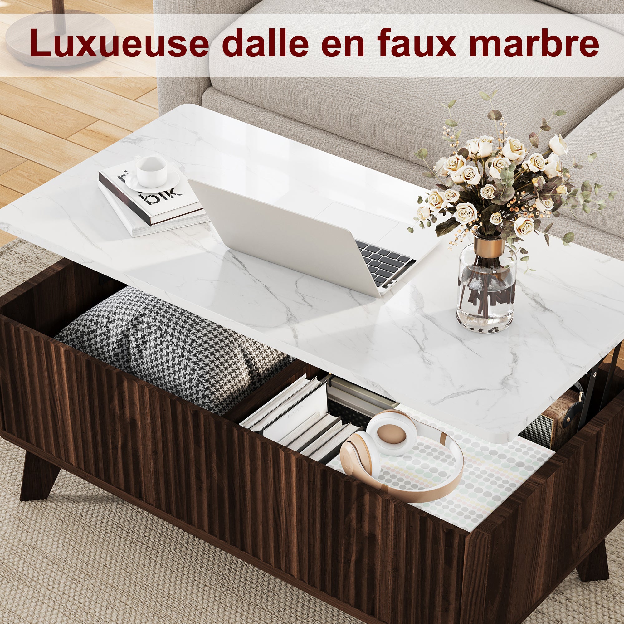 Table Basse, Table de Salon Relevable, Métal Vérin à Gaz, Plateau en Marbre,Compartiment sous Le Plateau,pour Salon,Salle à Manger, 105 x 42 x 53 cm - 7