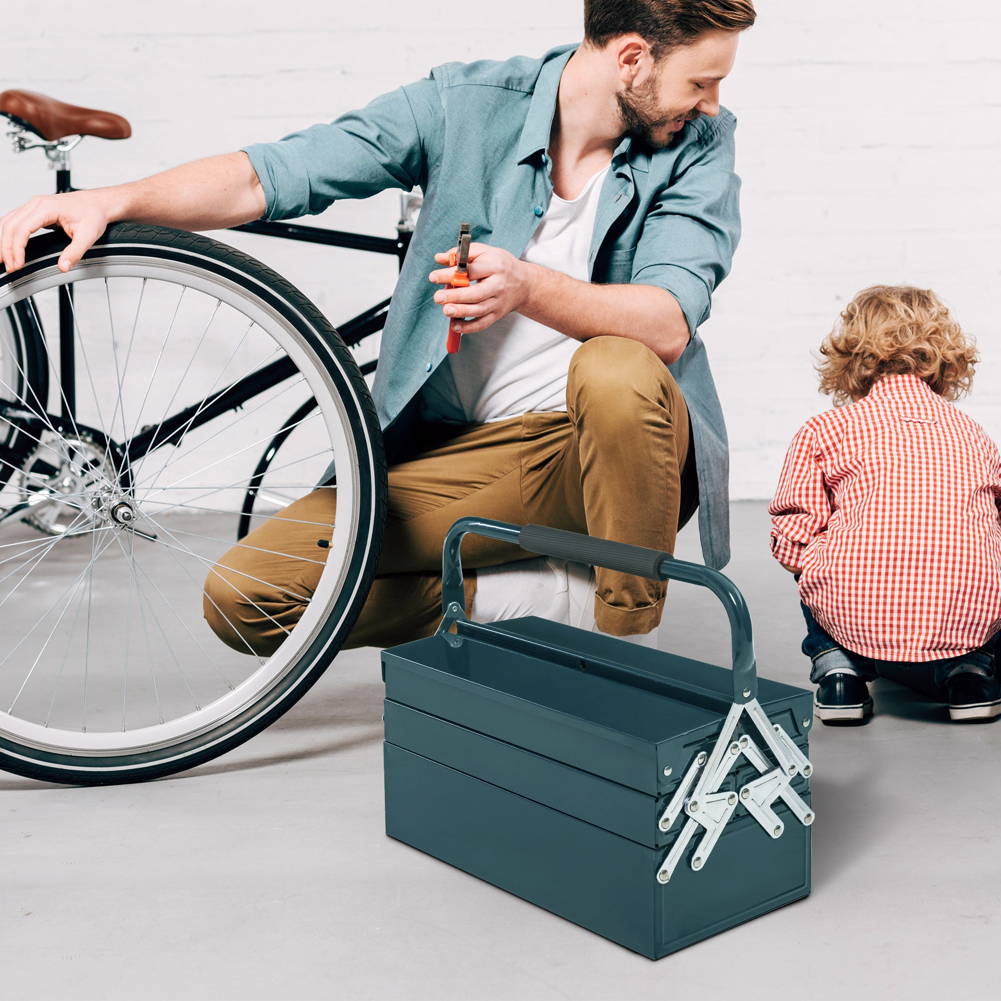 Cassetta degli attrezzi, valigetta degli attrezzi, cassetta degli attrezzi di montaggio, vuota, salvaspazio, 5 scomparti, incernierata, robusta, in ac - 3