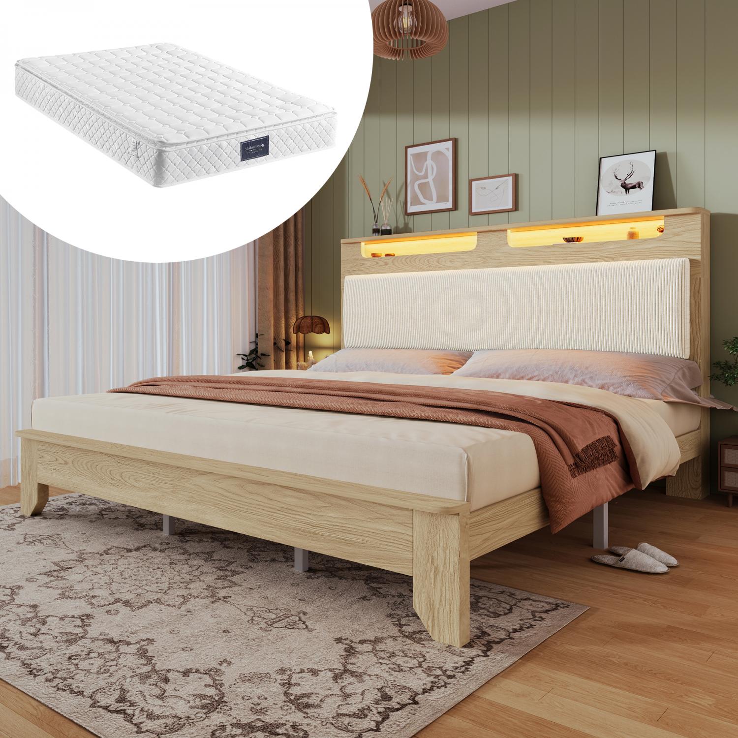 Lit Double 140x200 Cm Avec Rangement Hydraulique – Tête De Lit Velours Vert, LED RGB, Sommier à Lattes | Cadre Adulte