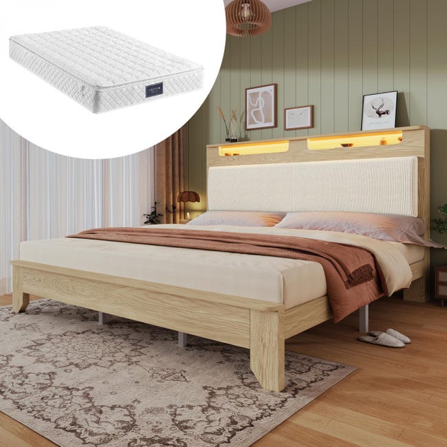 Lit Double 140x200 Cm Avec Rangement Hydraulique – Tête De Lit Velours Vert, LED RGB, Sommier à Lattes | Cadre Adulte