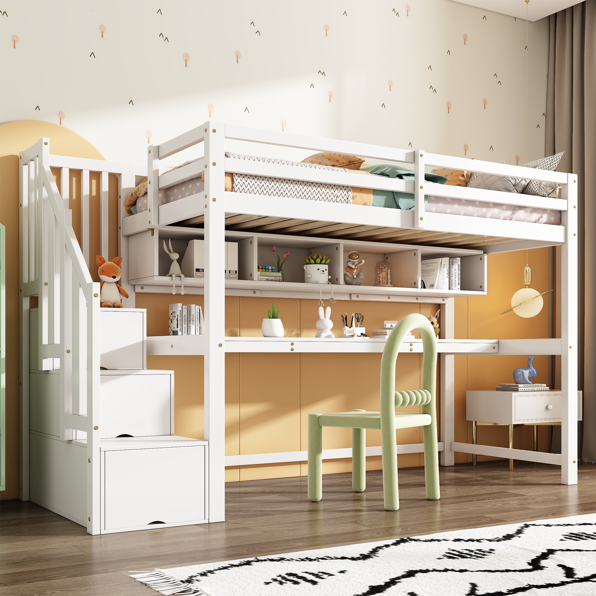 Łóżko piętrowe 90 x 200 cm z biurkiem i schowkami - lite drewno + płyta MDF - białe (materac nie jest wliczony w cenę)