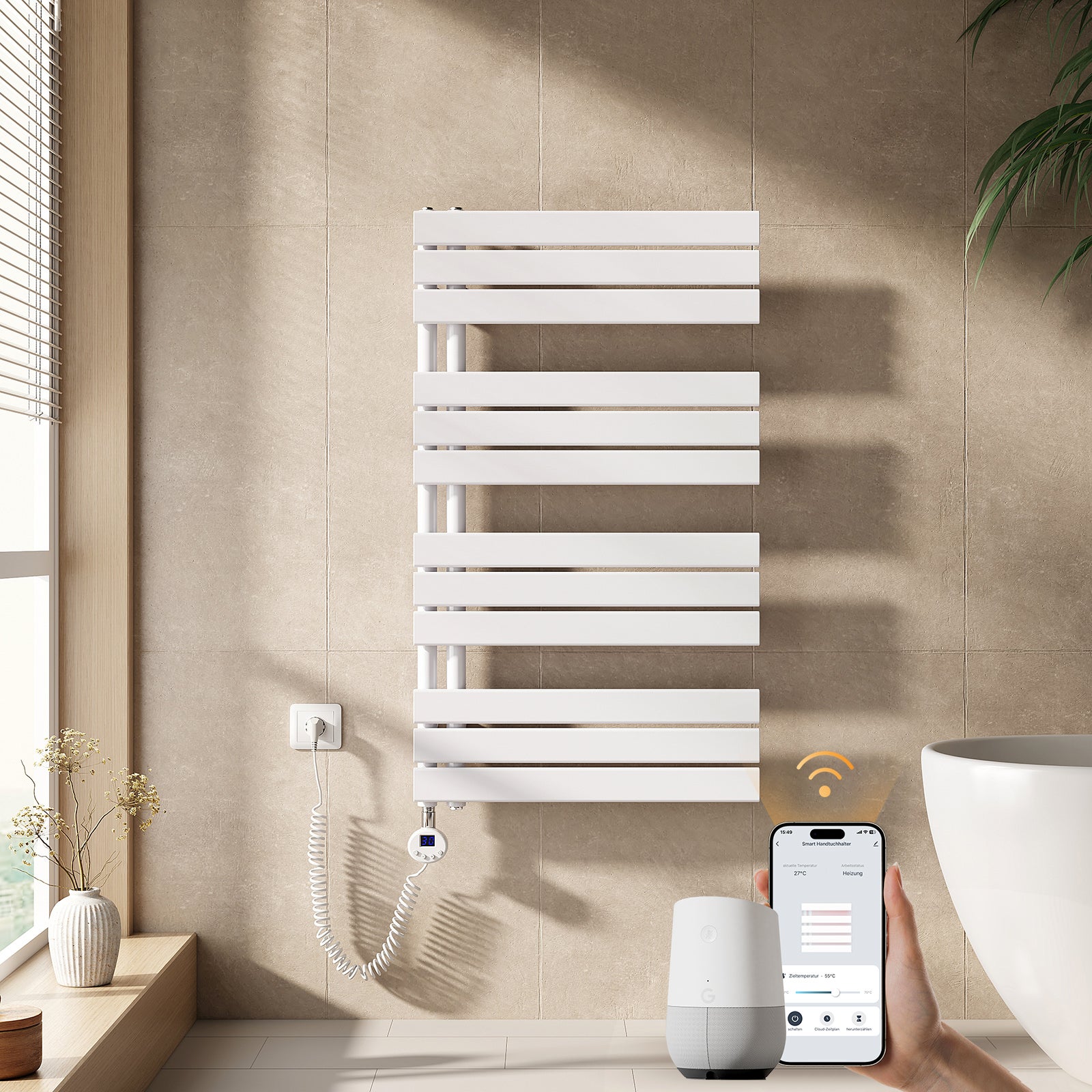 EMKE Grzejnik elektryczny łazienkowy 104x60cm - Inteligentne Sterowanie z Programatorem Tygodniowym w Aplikacji - 600W - Biały
