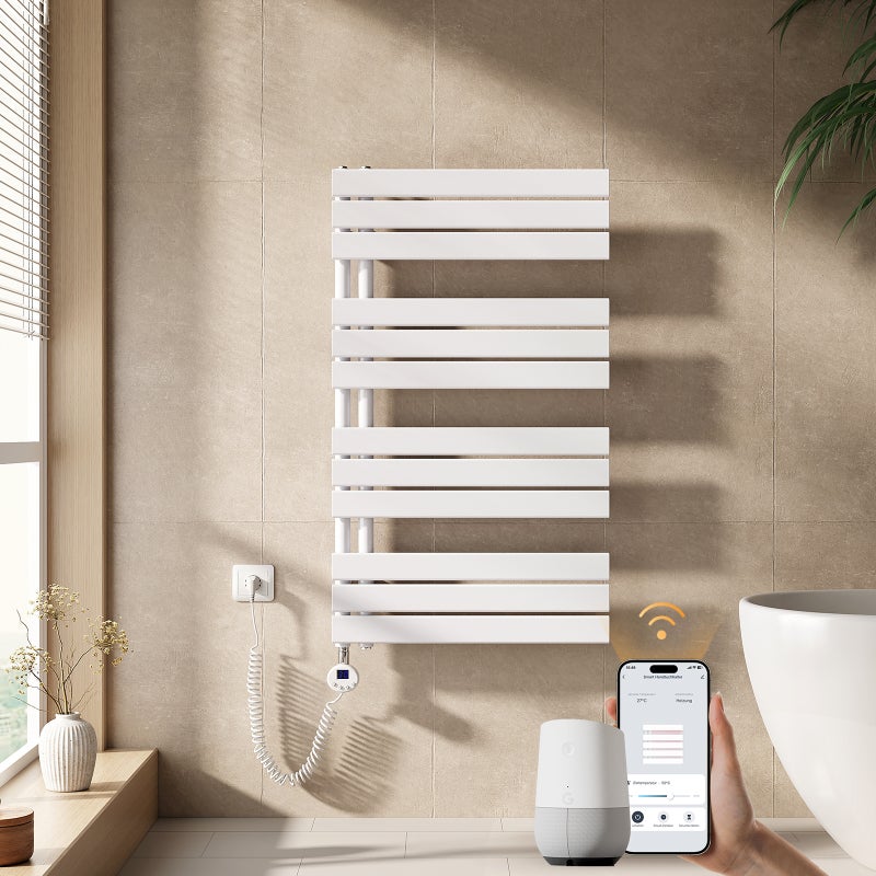 EMKE Grzejnik elektryczny łazienkowy 104x60cm - Inteligentne Sterowanie z Programatorem Tygodniowym w Aplikacji - 600W - Biały