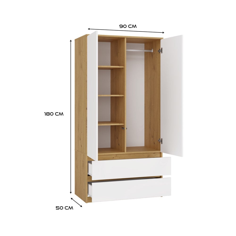 TURIN - Armoire de chambre - Penderie multifonctions - 2 portes + 2 tiroirs - Dressing - artisan et blanc - 8