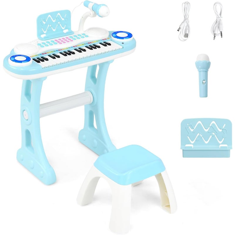 37-Klawiszowa Klawiatura Fortepianowa dla Dzieci, ze Stołkiem, Mikrofonem, 8 Dźwiękami, Pulpitkiem, Elektroniczna Zabawka Fortepianowa, Niebieska