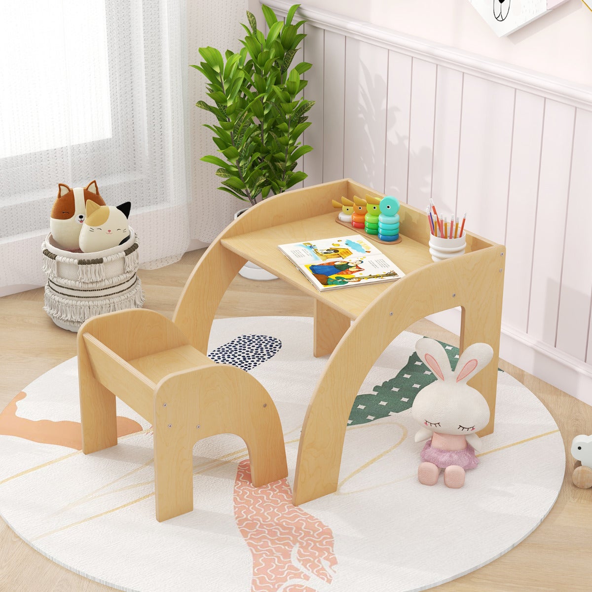 Mesa y silla infantil ergonómica natural - mobiliario seguro con superficie amplia