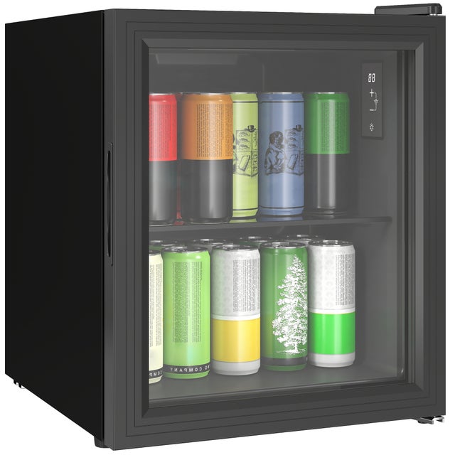 Mini nevera de oficina 46L negra, frigorífico para bebidas con puerta de doble cristal templado, pantalla LED, 0-20°C, 59 latas, 42.3x40x55cm