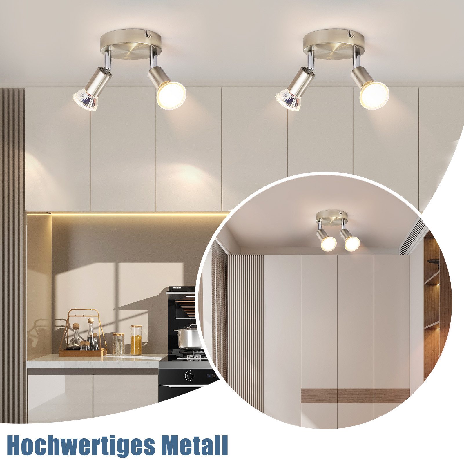NETTLIFE LED 2 Focos de Techo GU10 Orientables 350°, Lámpara Moderna Redonda de Metal Níquel para Salón Dormitorio Sin Bombilla - 7