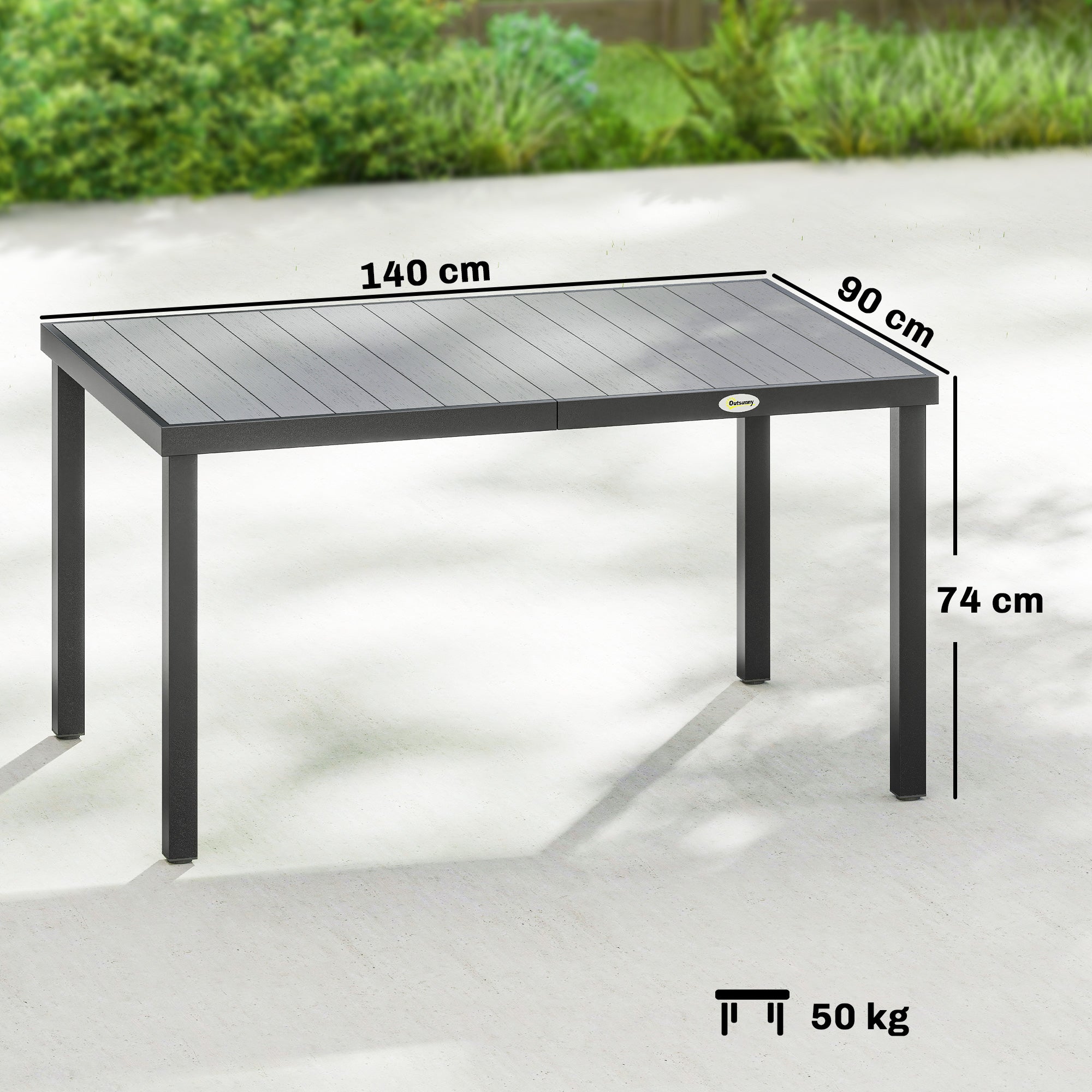 Table de jardin pour 4 à 6 personnes, table de repas d'extérieur avec plateau à lattes, 140 x 90 x 74 cm, grise - 5