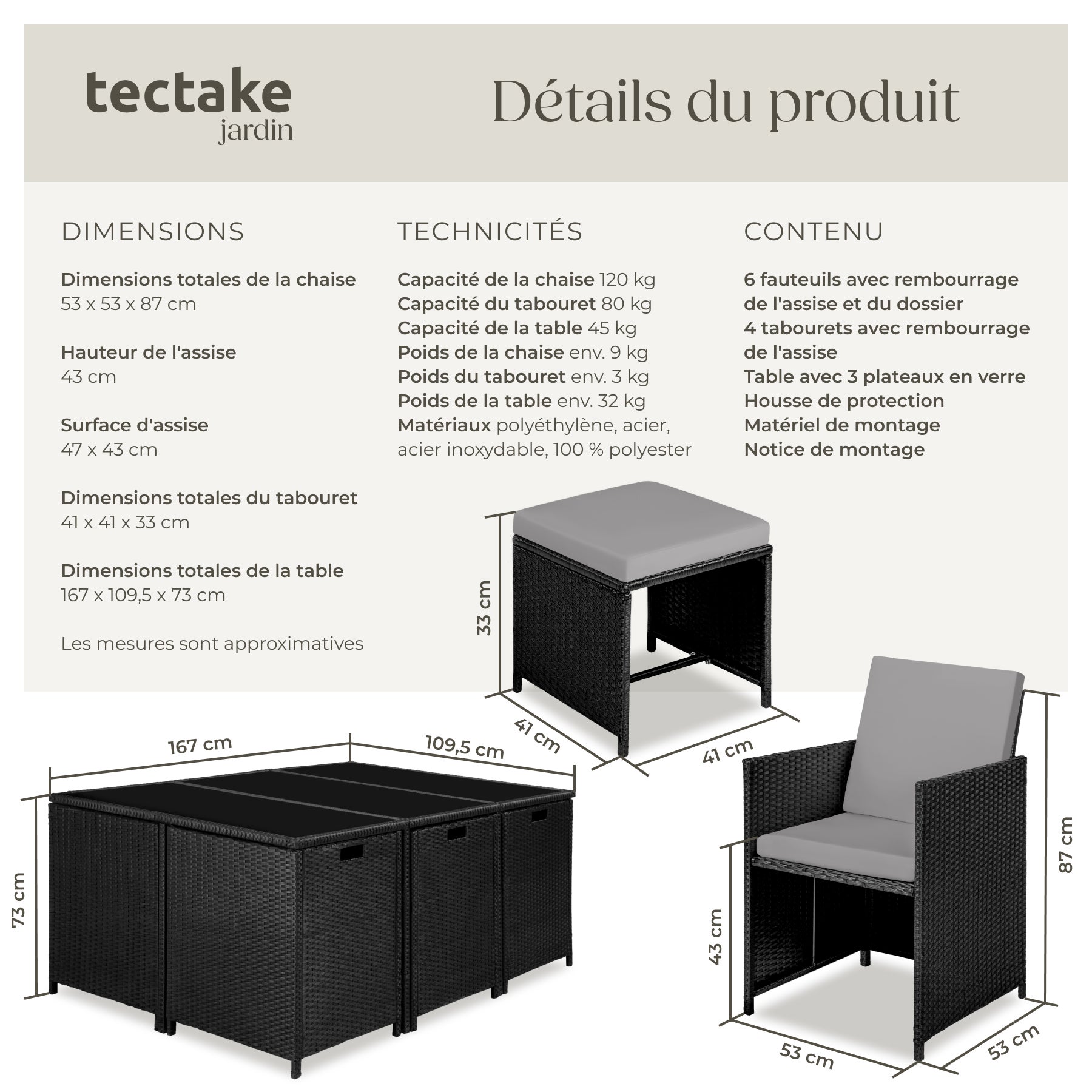 Salon de jardin en polyéthylène encastrable, assise confortable, dimensions 167 x 109,5 x 73 cm, noir TECTAKE - 6