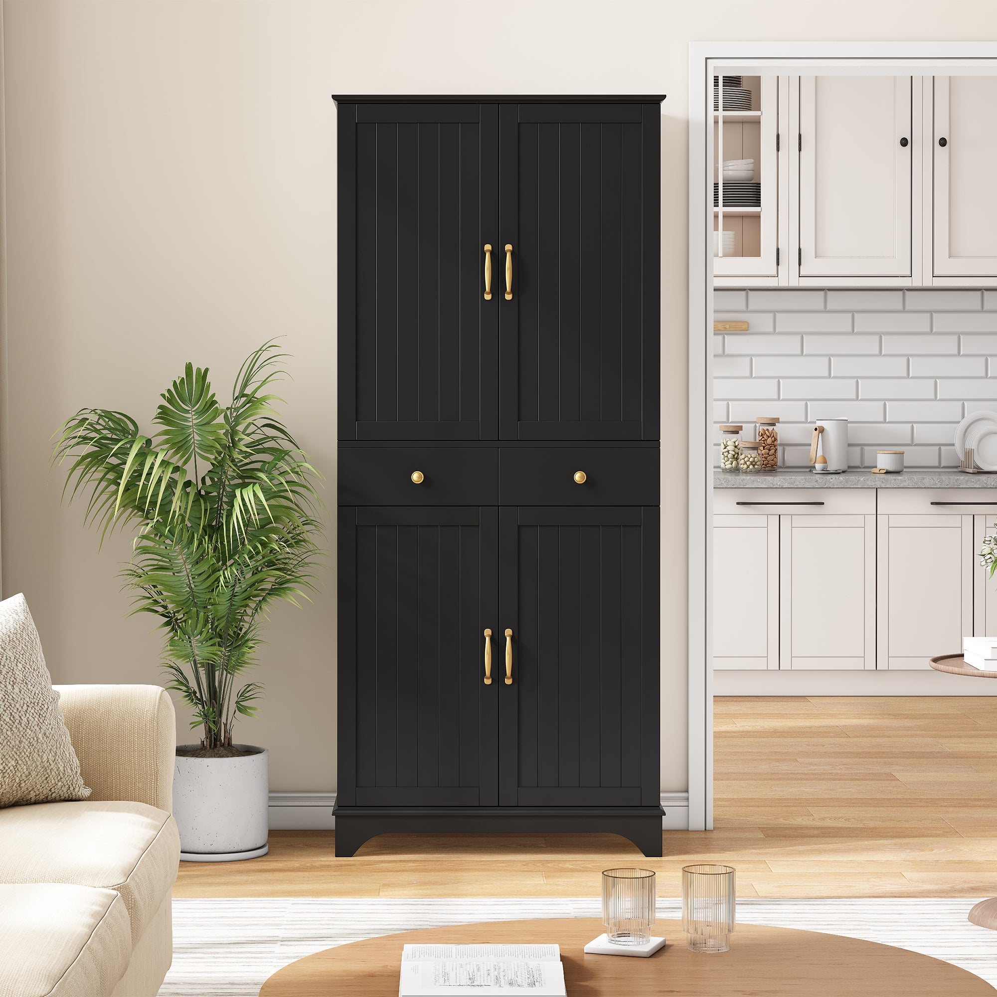 Wysoka komoda kuchenna z 4 drzwiami, 2 szufladami i wysuwanymi półkami, wysoka szafka - 77 x 40 x 181 cm - MDF - do kuchni, jadalni - czarna