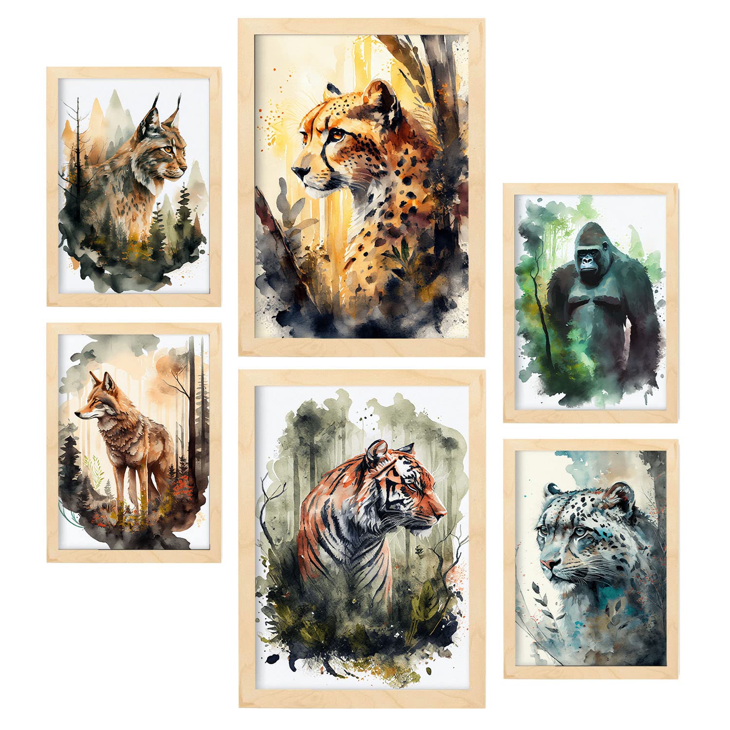 Nacnic posters de felinos coloridas ilustraciones de animales en paisajes naturales estilo acuarela diseño moderno para la a4 & a3 marcos color madera