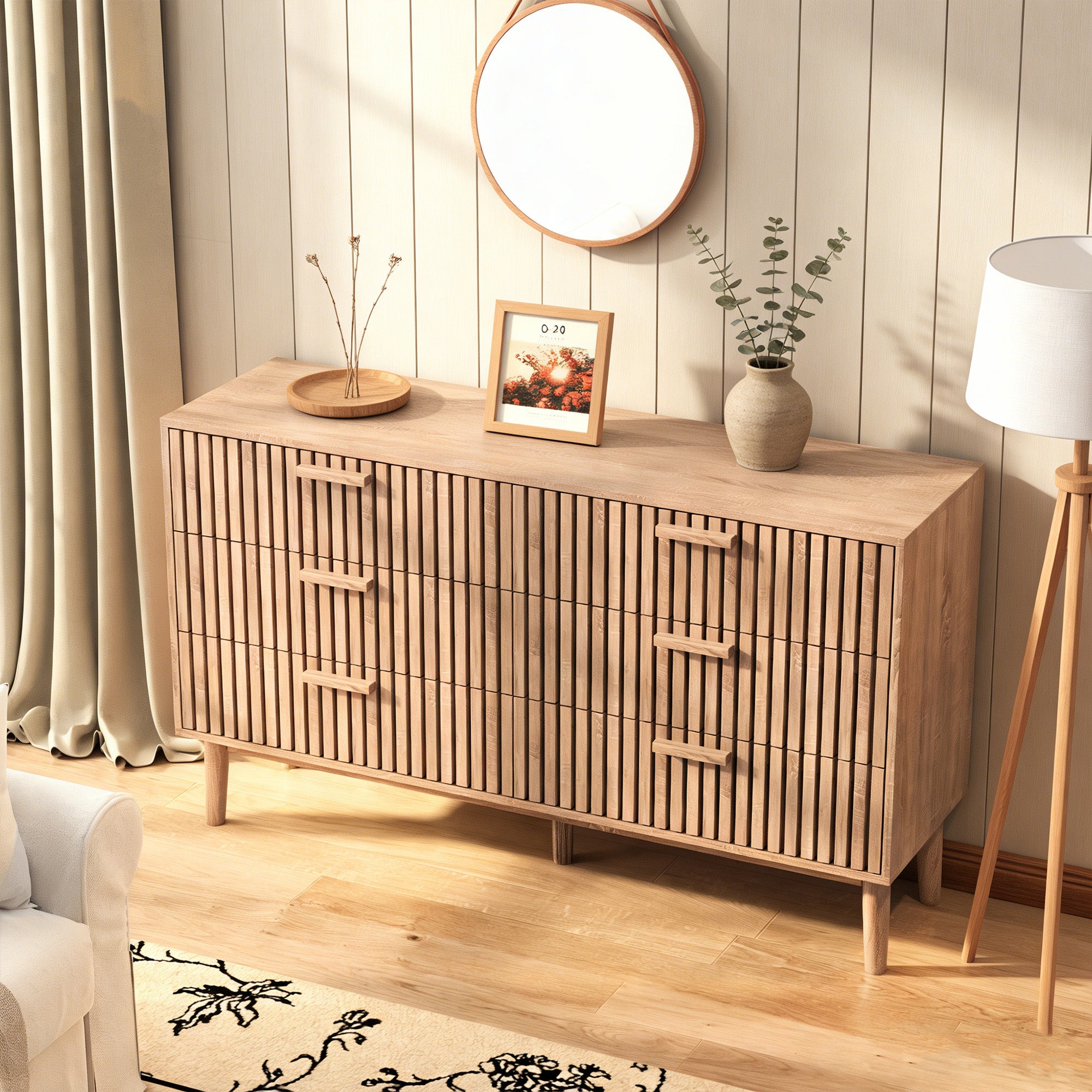Commode avec 6 tiroirs, COZY, commode de chambre en bois, pieds en bois, 100x34x73 cm, Aspect bois, pour chambre salon, Bois clair - 3