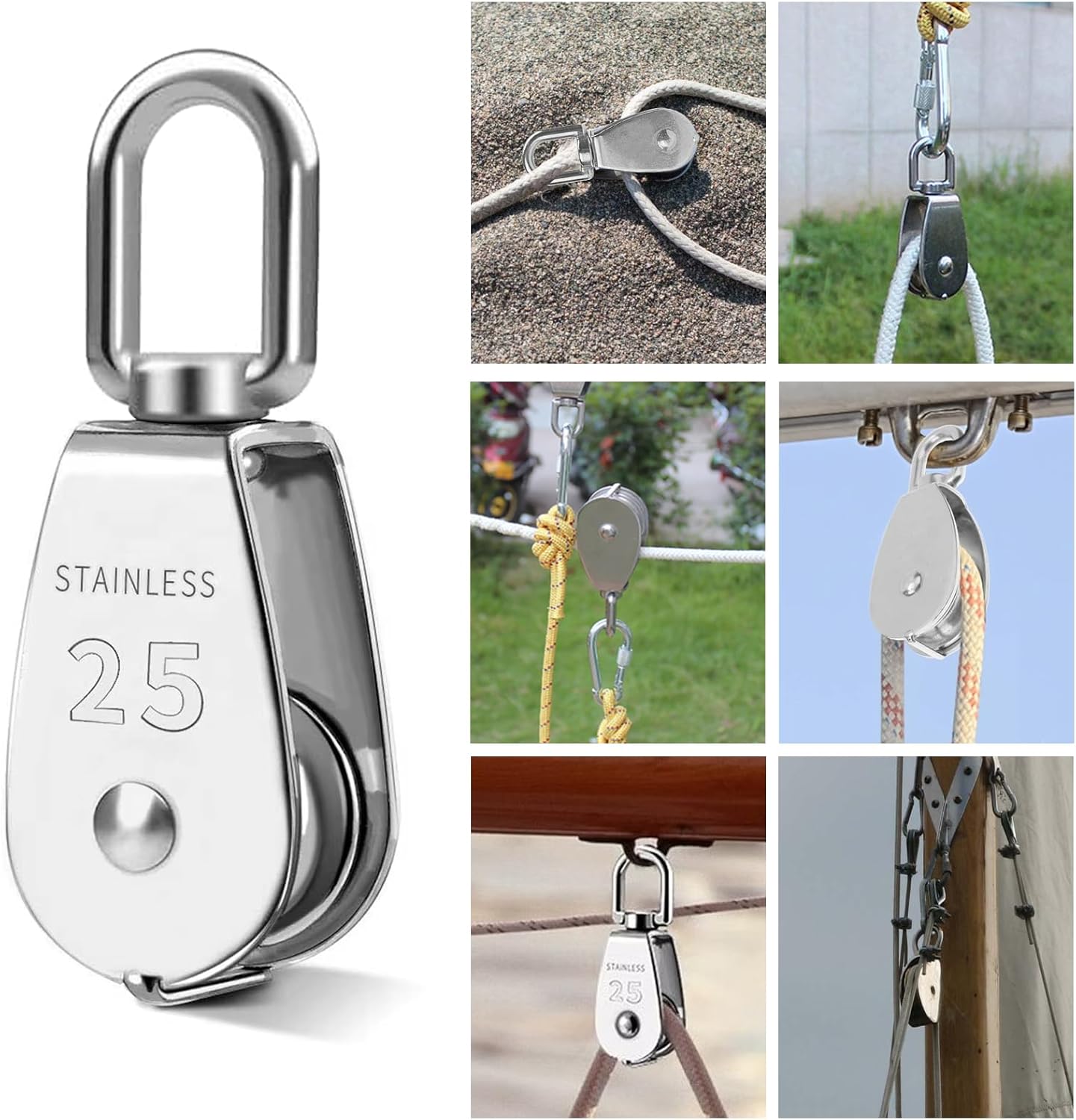 Lot de 2 poulies de levage M25 - poulie pivotante à 360° en acier inoxydable - poulies à câble avec 1 roulement à billes - poulie de renvoi en acier - 6