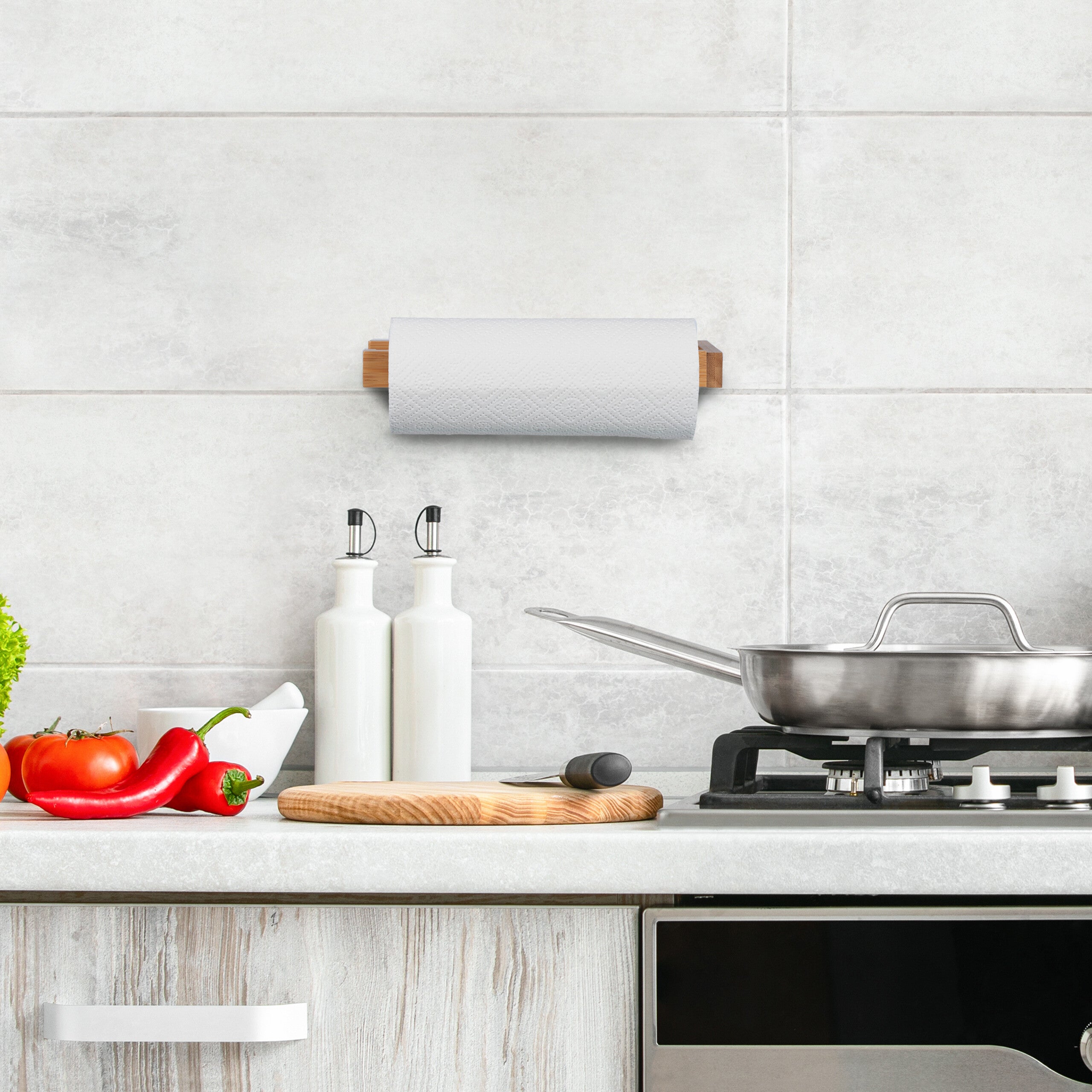 Portarotolo Da Parete In Bambù Per Carta Assorbente - Naturale, 3x31x9 Cm - Foto 5