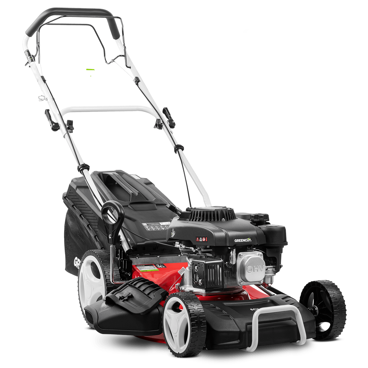 Cortacésped de gasolina 150cc 6cv, motor 4T OHV autopropulsado doble cuchilla de acero, 460mm de filo, altura ajustable - Greencut GLM770X | Leroy Merlin