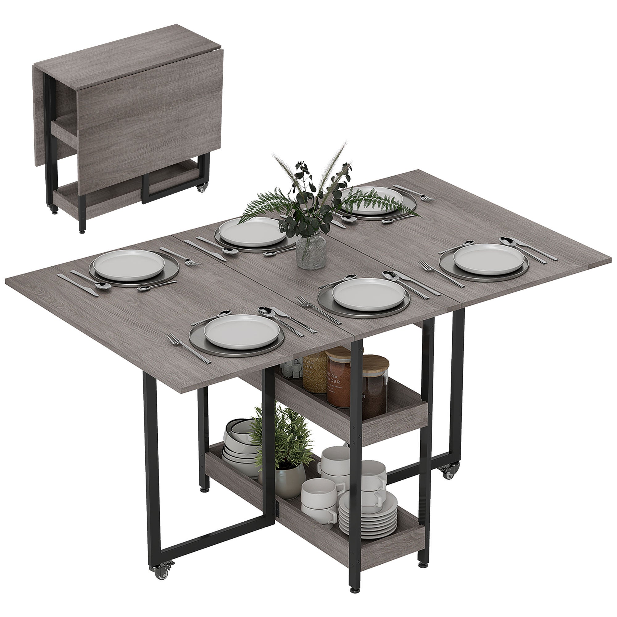 Mesa de comedor plegable, mesa de cocina abatible con ruedas para 4 personas, ideal para el salón o la cocina, 133,4 x 80 x 75 cm, gris