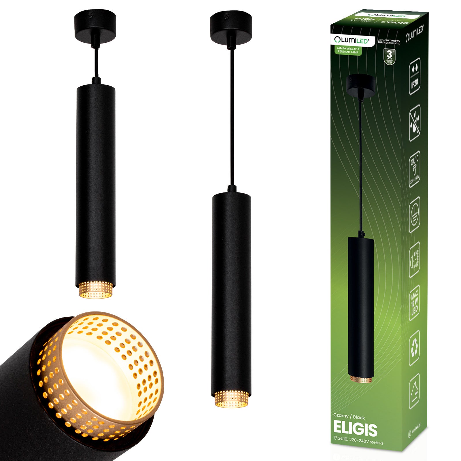 Lampa Wisząca Lumiled Sufitowa LED GU10 Żyrandol Reflektor Tuba Zwis Czarny 1 szt.