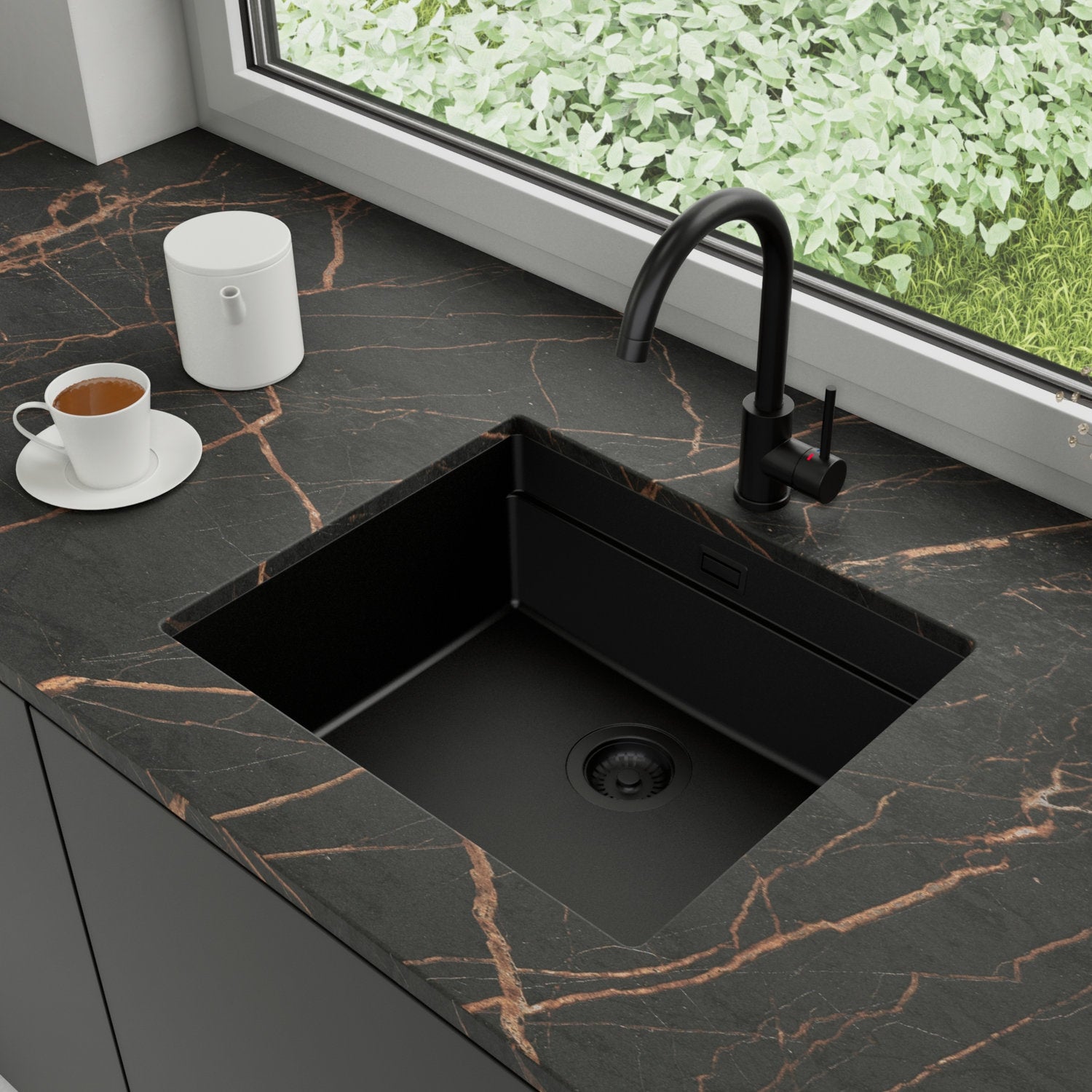 Zlewozmywak podblatowy 56x47cm, do szafki od 60cm + Bateria + Syfon - Coral Cały Czarny STONESTYLE