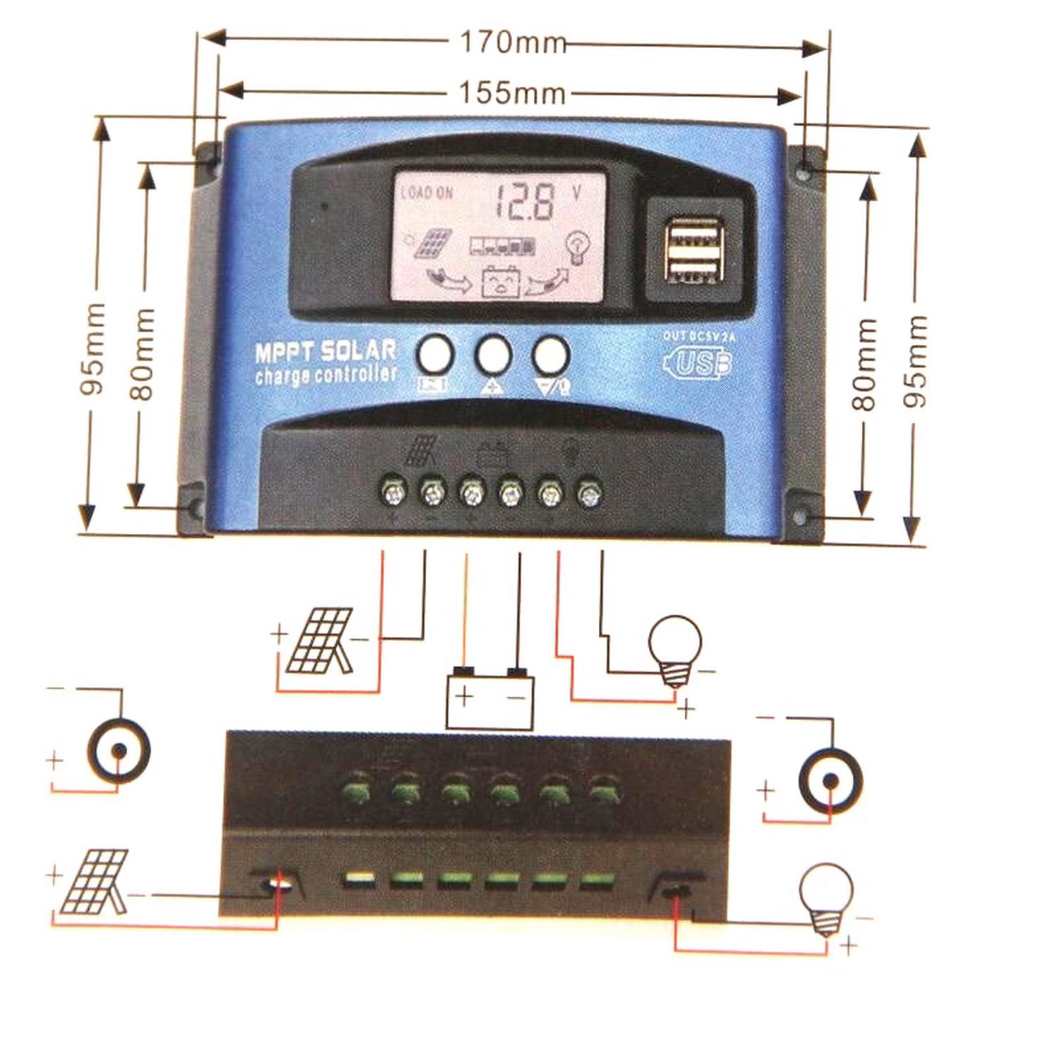 Controlador de Carga Solar, MPPT 100A carregador de bateria solar regulador de Carga controlador de painel duplo com visor LCD (100A) - 2