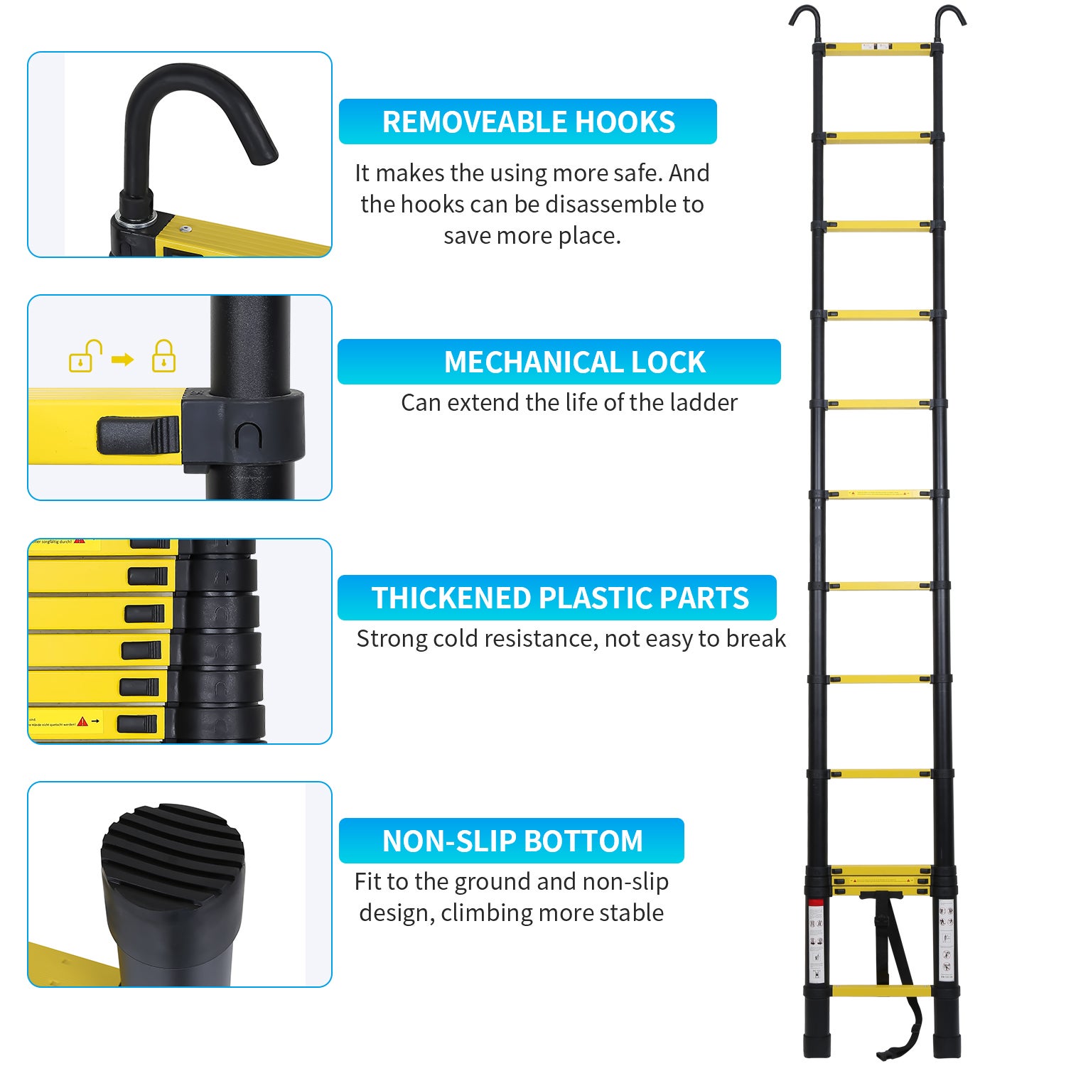 Échelle télescopique avec crochet escabeau noir+jaune Portable Pliante 3,2m - 3