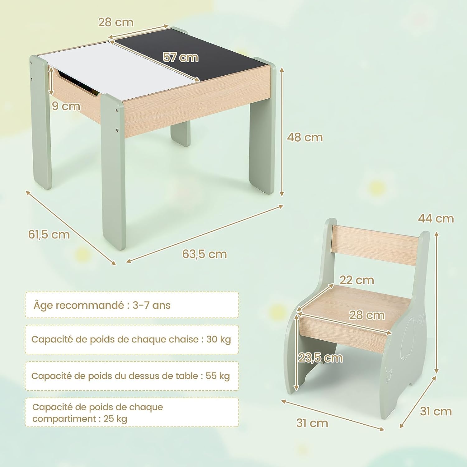 Table Enfants avec 2 Chaises et Tableau Amovible, Espace de Rangement, Bureau pour Dessiner Jouer, Charge 30kg pour 3-6 Ans, Vert - 4
