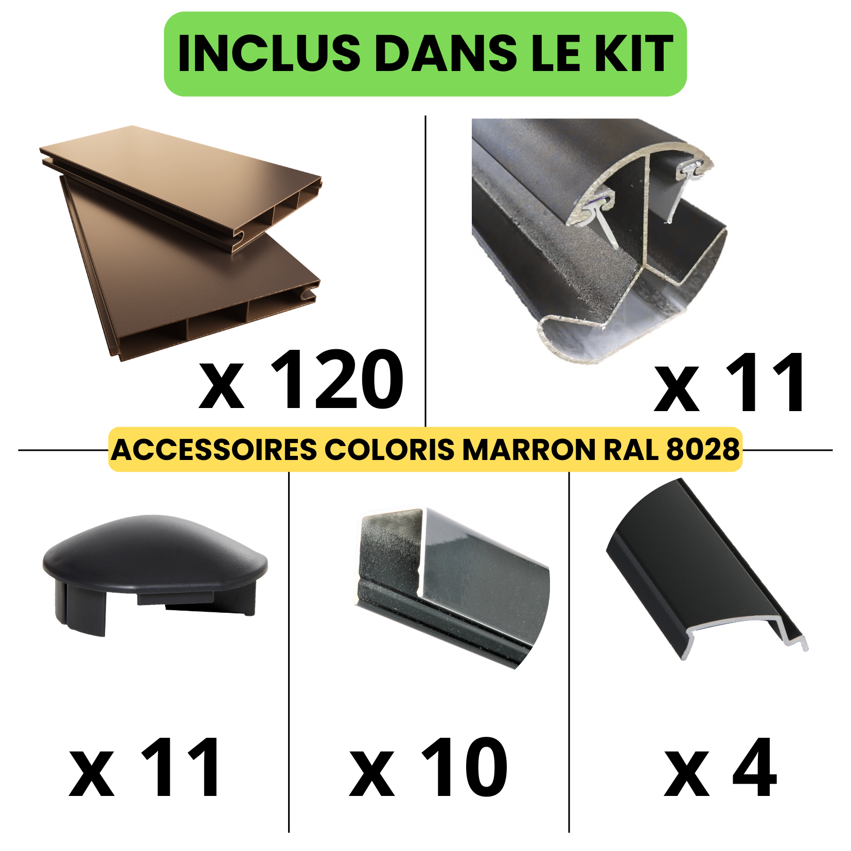 Kit complet clôture aluminium - 10 panneaux complets - 18 x 1,80 m - Prêt à poser - Marron - 6