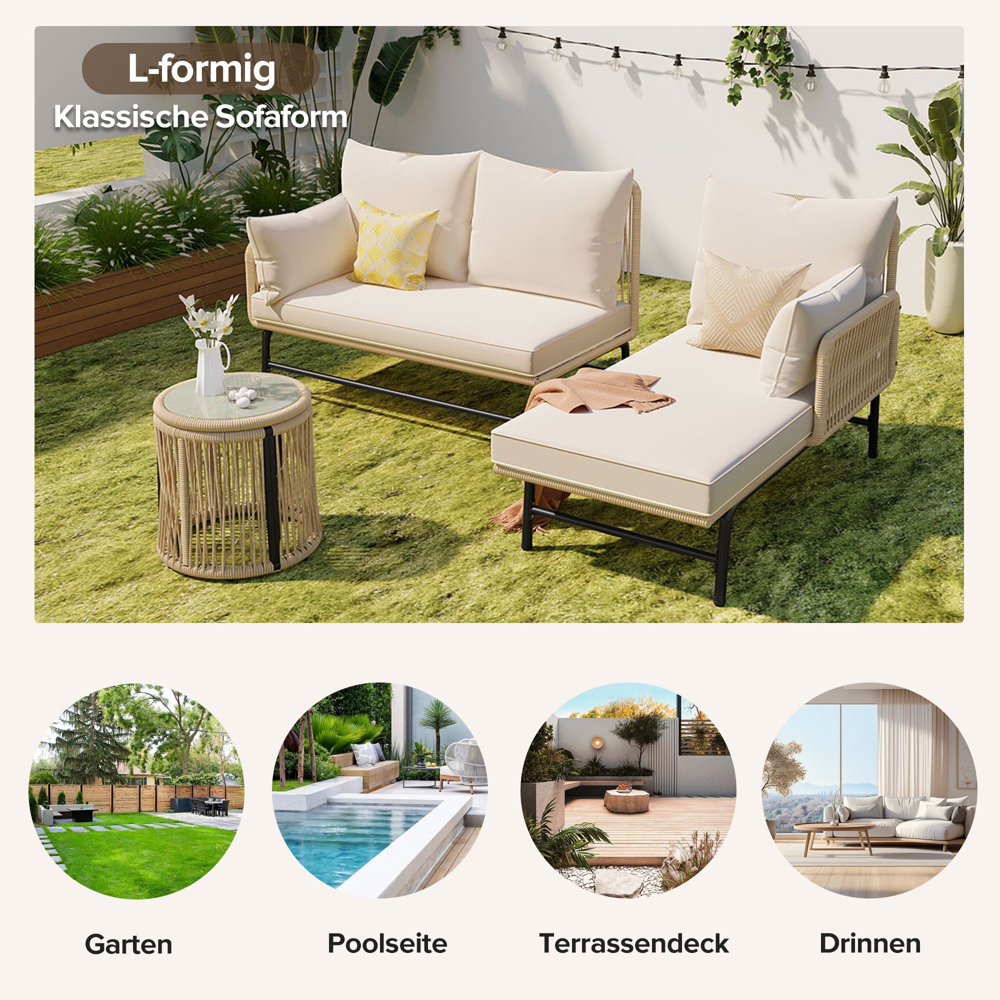 Ensemble Lounge de Jardin 6 Pièces, Canapés d'Extérieur en Fer et Corde Tressée Beige, 2 Fauteuils, 2 Canapés 2 Places, 2 Tables, Coussins Inclus - 2