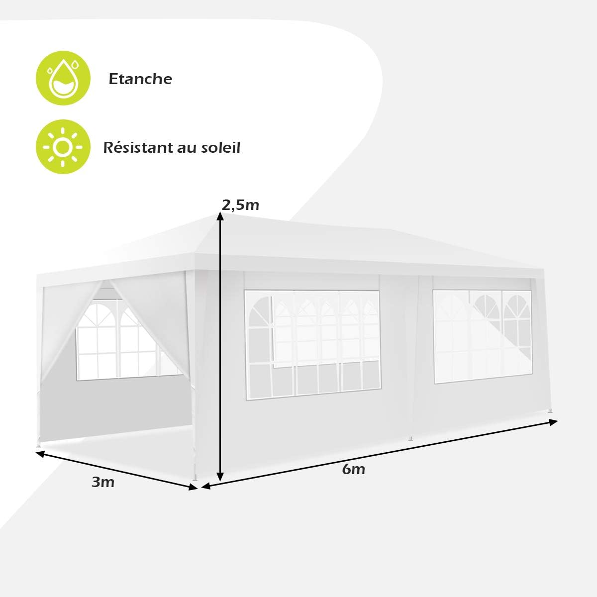Tonnelle 3x6M Tente de Réception 6 Bâches avec Fenêtres-Pergola avec Piquets et Cordes-Tissu étanche/Résistant au Soleil - 5