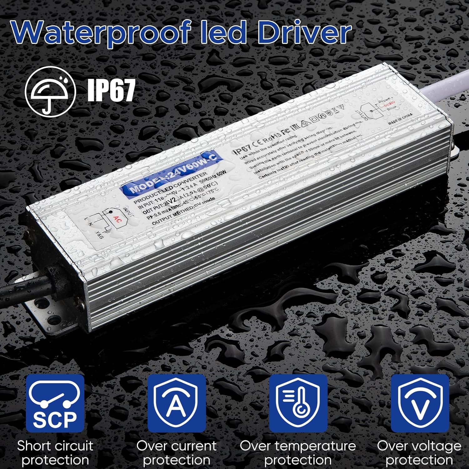 Transformateur LED 24V, LED Driver 60W, Alimentation 2.5A étanche IP67, Transfo 220V à 24V DC Pour l'éclairage Intérieur et Extérieur - 3