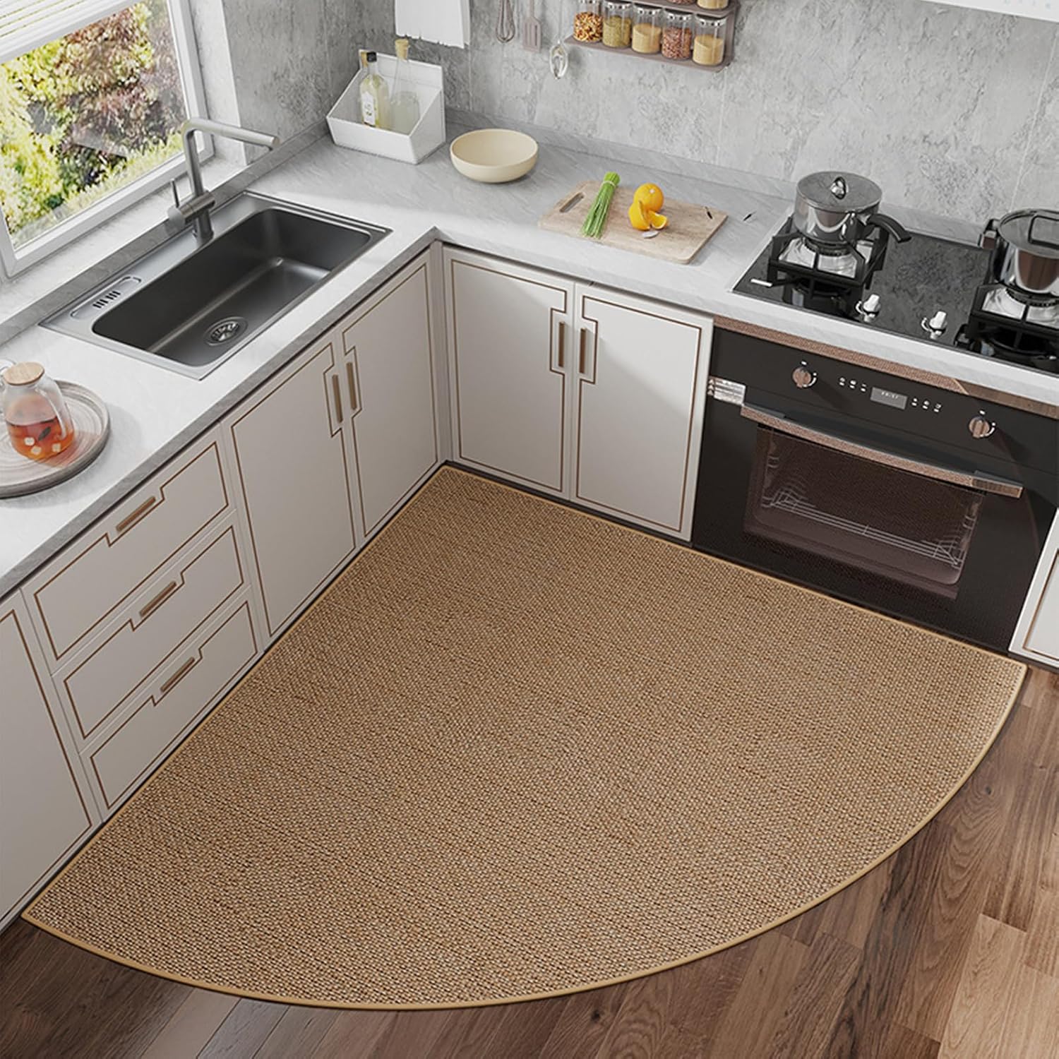 Tapis De Cuisine Triangulaire Lavable – 70x70 Cm, Antidérapant, Super Absorbant, Imitation Lin Tressé