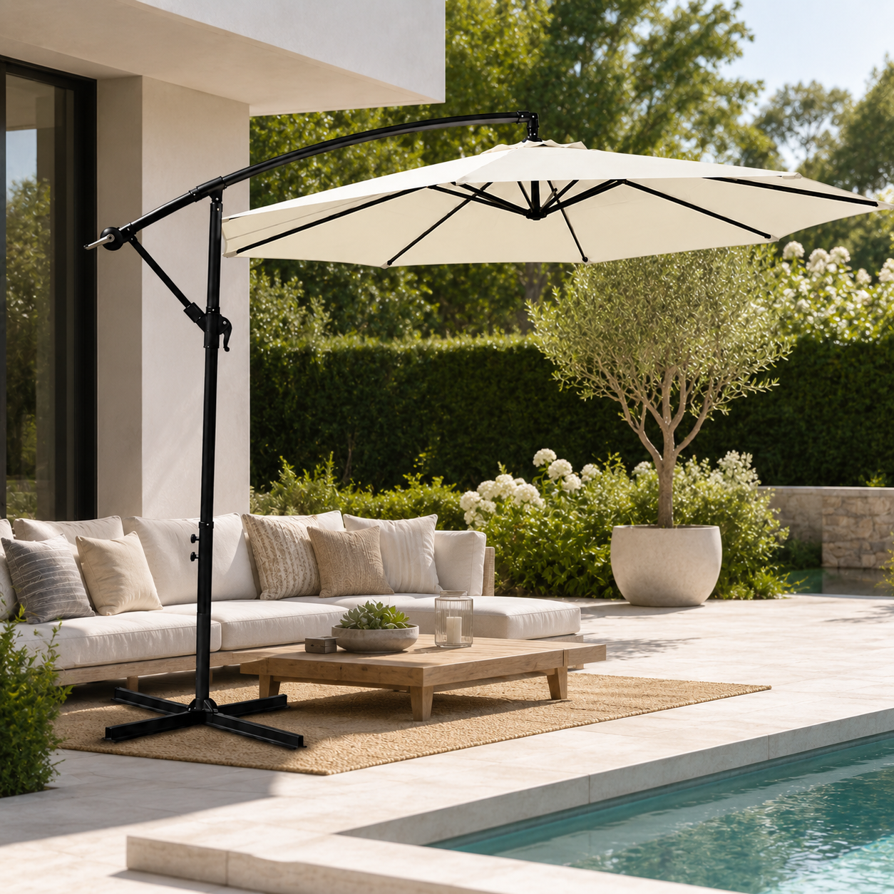 Parasol latéral 3 mètres inclinable 360° avec mât et manivelle beige sans base - 9