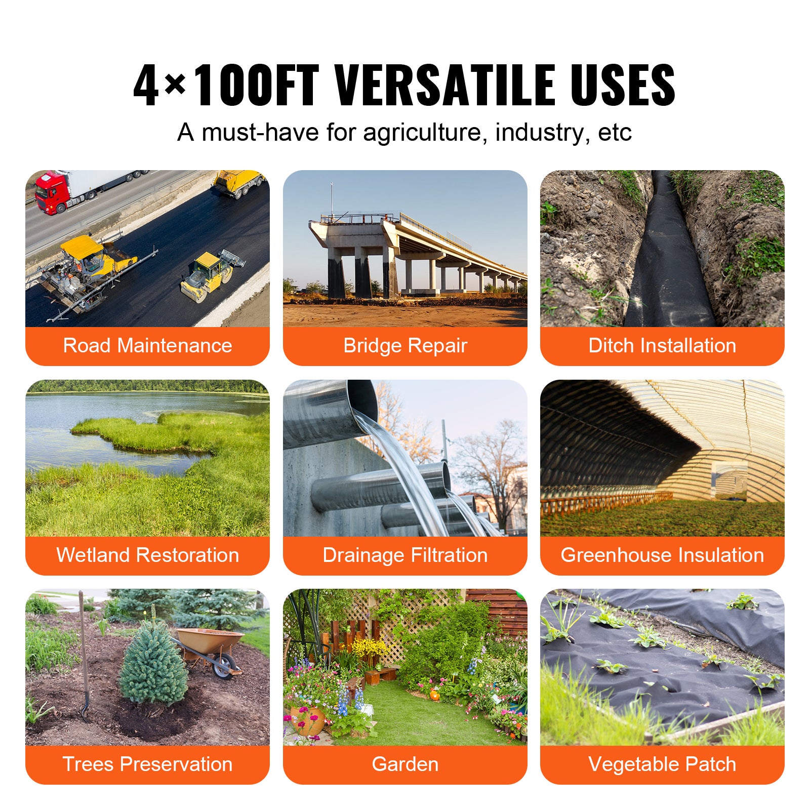 Géotextile Non Tissé VEVOR 1,2x30,5 m, 271 g/m² Tissu d'Allée Perméable Résistant à la Déchirure pour Systèmes de Drainage, Aménagement Paysager - 6
