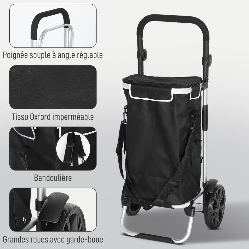 Chariot de courses pliable 40 L caddie de courses portable à roulettes avec poignée télescopique, 45,5x35,5x97cm, noir - 8