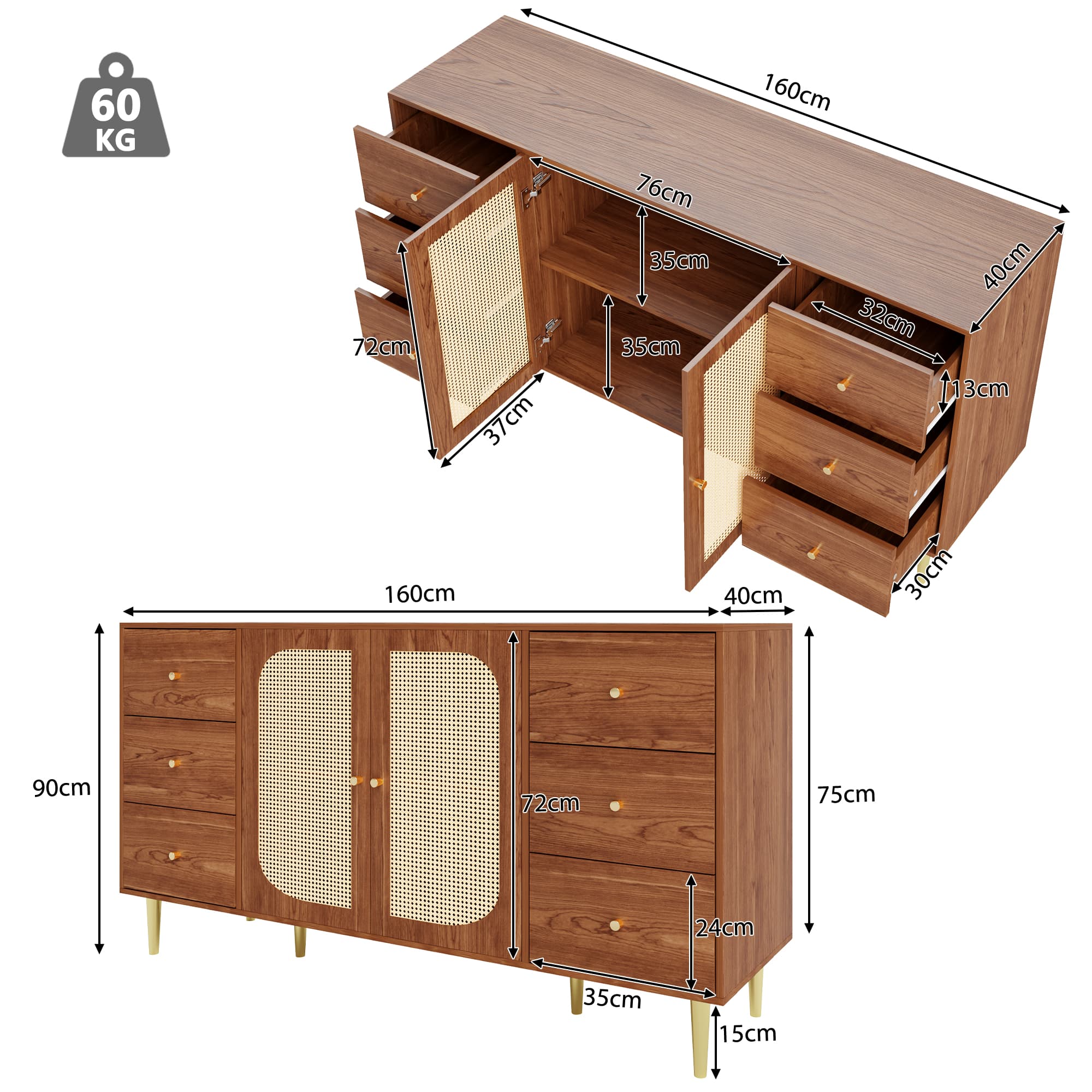 Buffet, buffet en rotin, rangement avec tiroirs, armoire en bois individuelle, cuisine, maison, salon, brun, 160 x 40 x 90 cm - 3