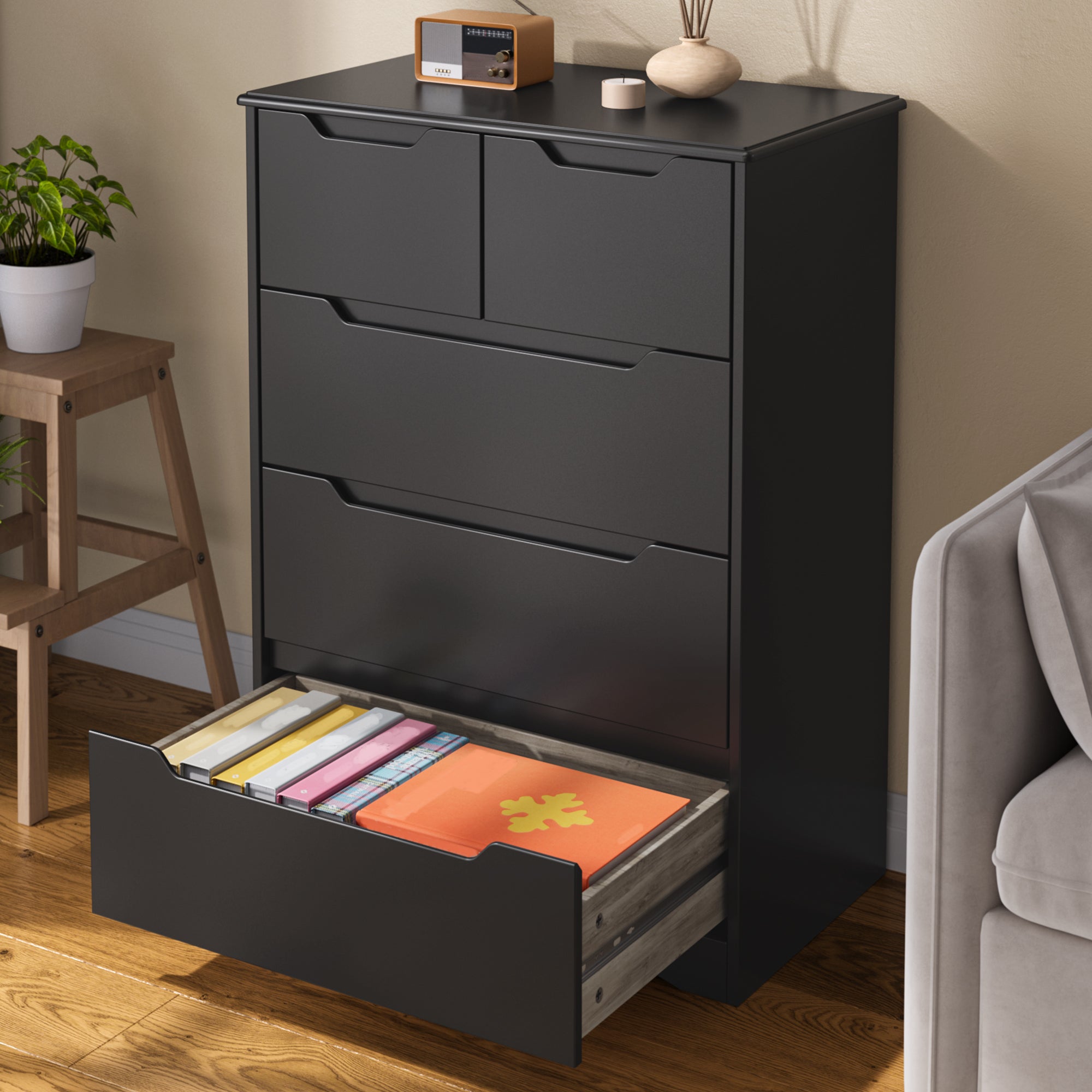 Bealife Cómoda de 5 cajones, negra, 72 x 41 x 94 cm - 6