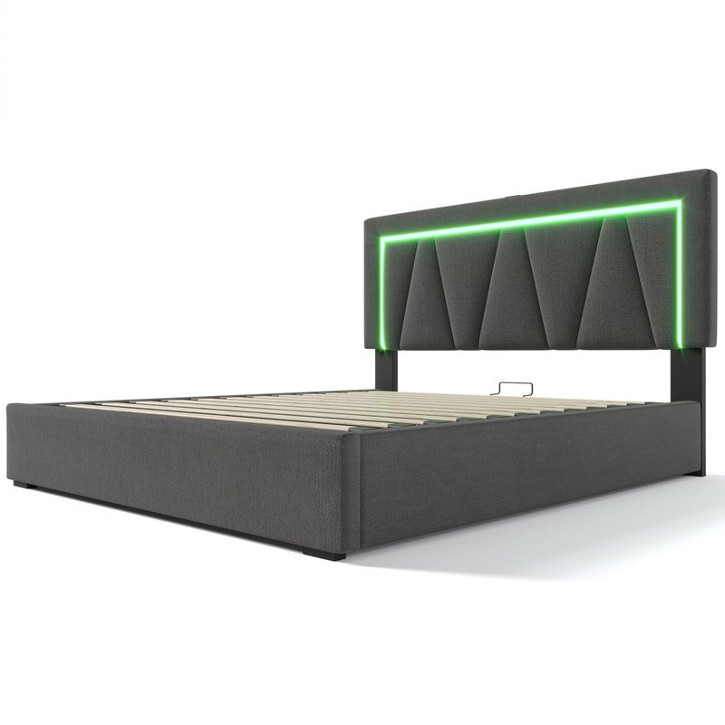 Łóżko tapicerowane z pojemnikiem 160x200 cm z diodami LED oraz portami ładowania USB i typu C - Tkanina lniana - Stelaż z listew - Szary - 8