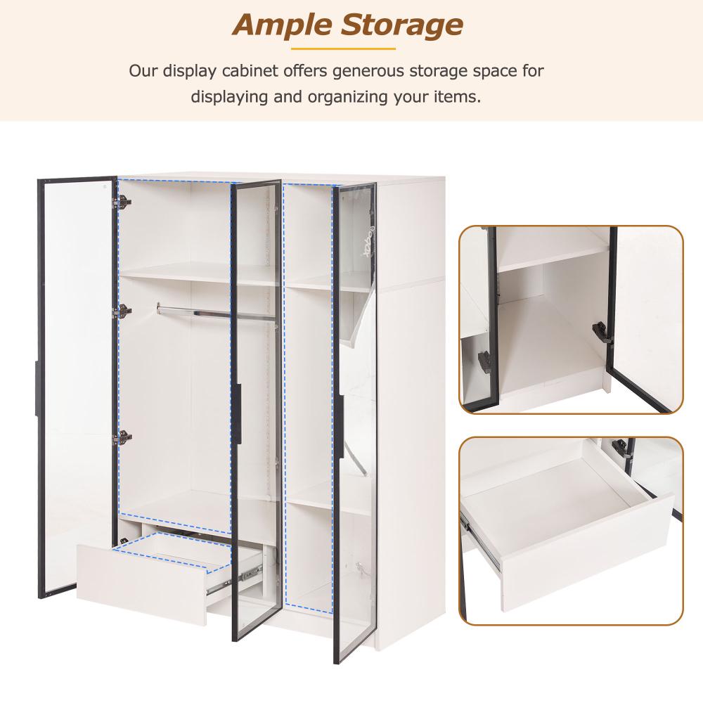 Spacious White Wardrobe with 3 Glass Doors, 1 Drawer, 1 Hanging Rod, LED Light - 11050160 cm - 4