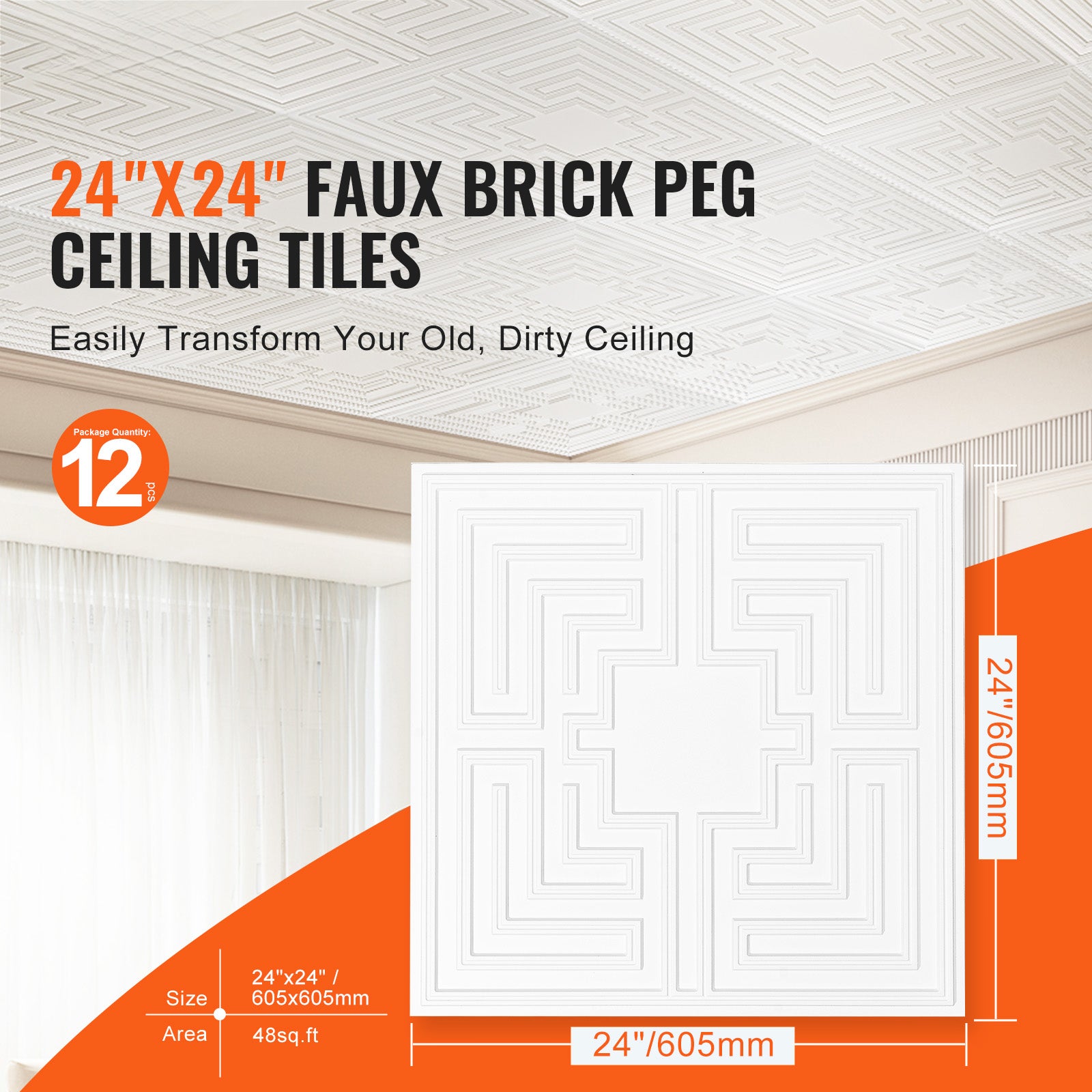 Plaques de plafond SucceBuy lot de 12 en PVC 605x605 mm, motif Echo blanc, découpe facile, pose avec colle pour maison et bureau - 8