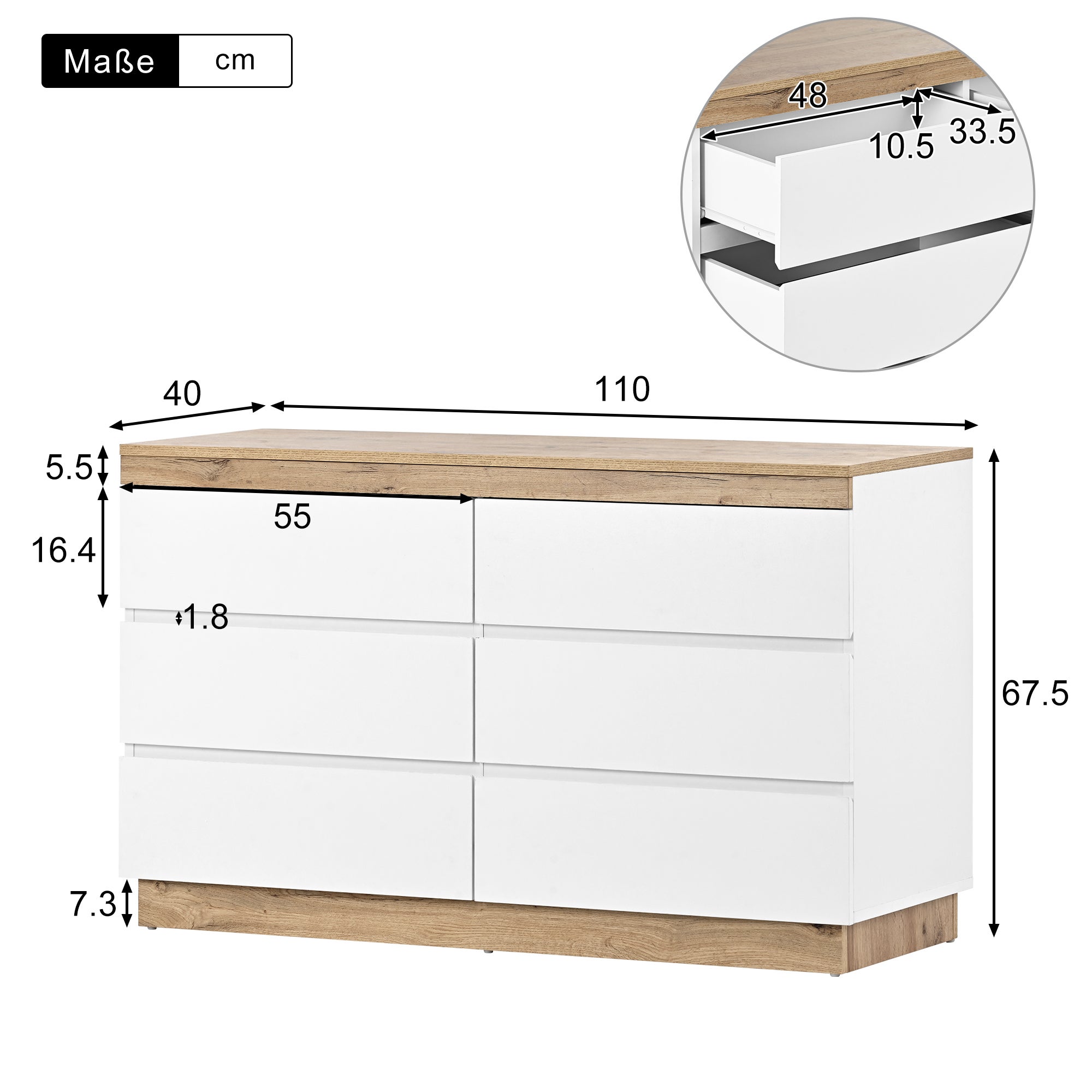 Armadietto con 6 cassetti e funzione di contenitore per camera da letto e soggiorno E1 pannello di particelle bianco + rovere - 3