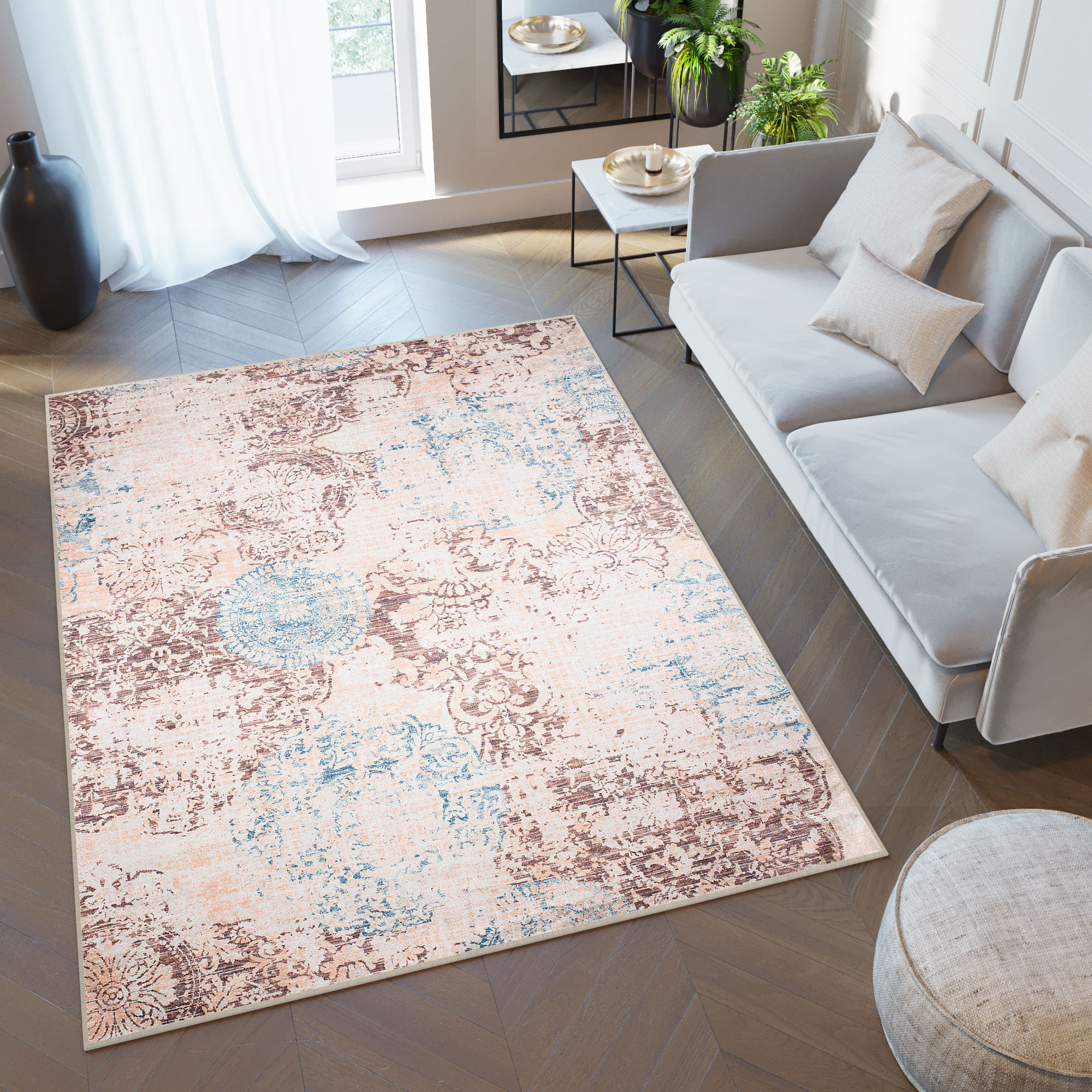 Tapiso toscana alfombra antideslizante de salón vintage moderno abstracto beige crema azul marrón impreso sin pelo 160 x 230 cm